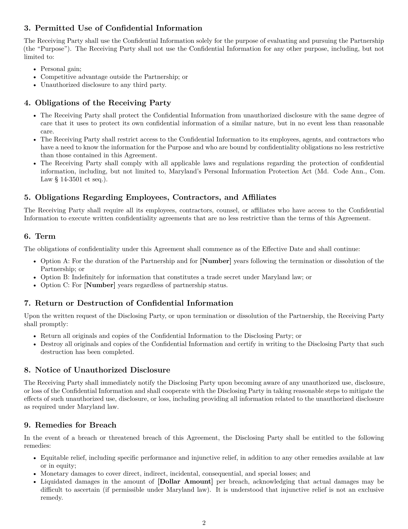 Preview page 2 of Free Maryland partnership nda template