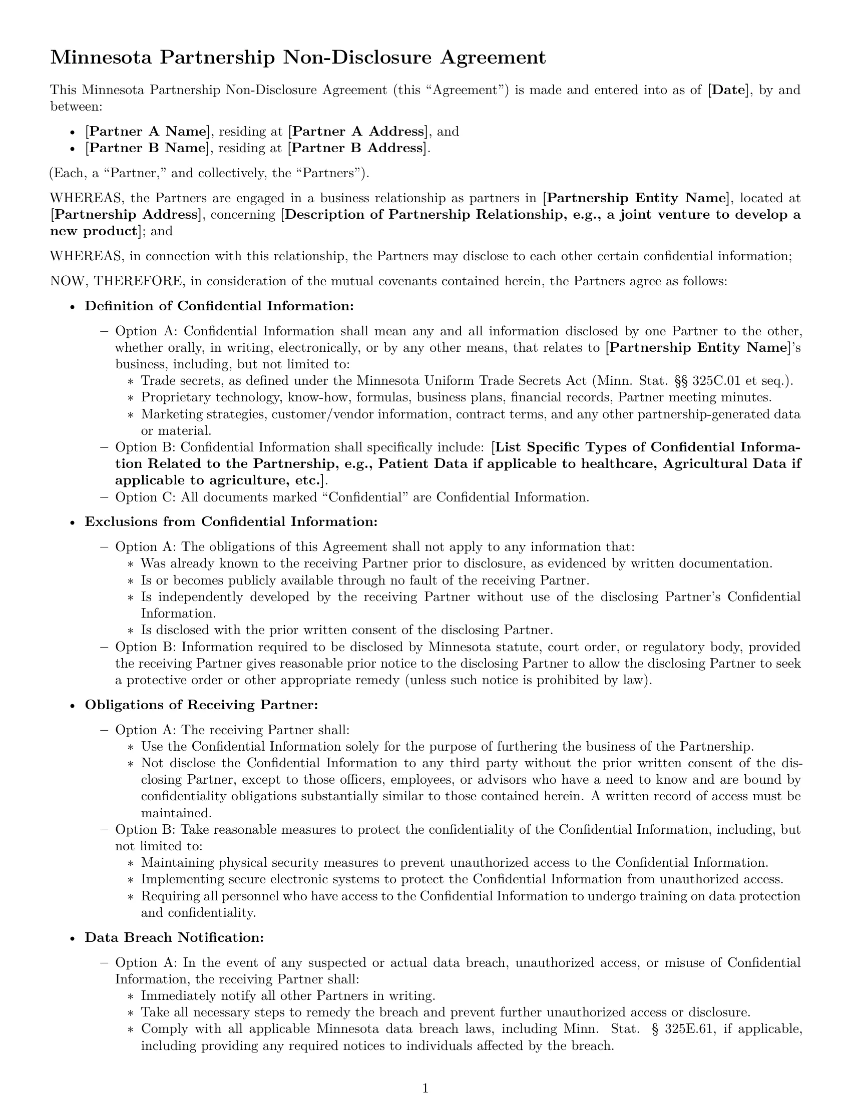 Preview page 1 of Free Minnesota partnership nda template
