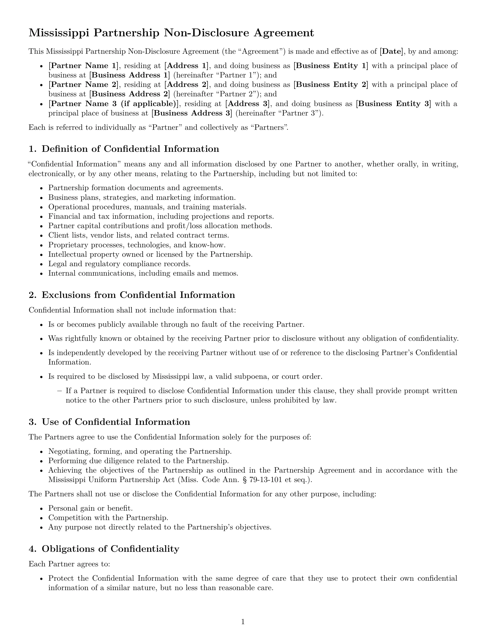 Preview page 1 of Free Mississippi partnership nda template