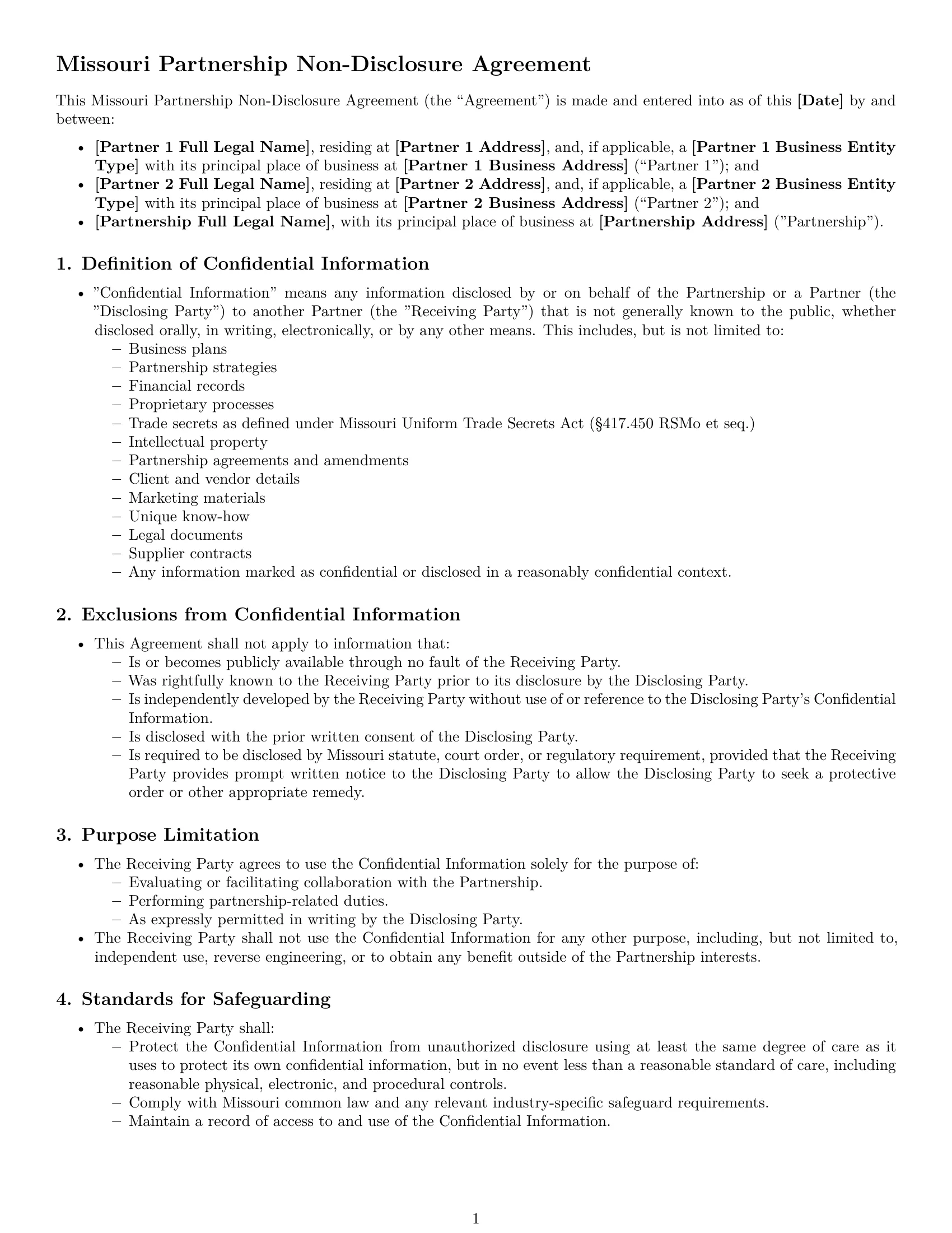 Preview page 1 of Free Missouri partnership nda template