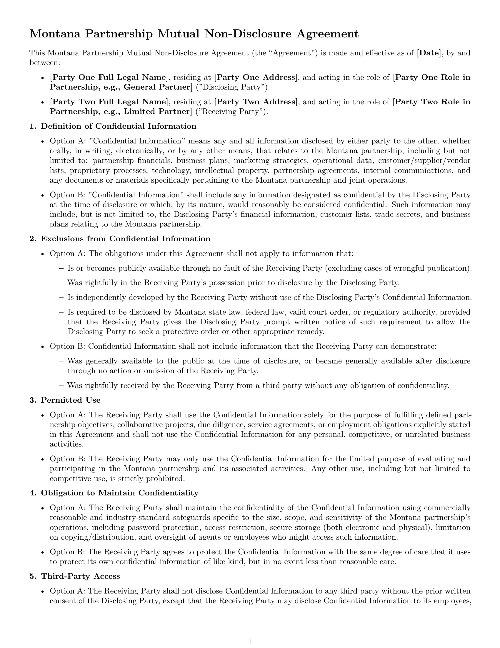 Preview page 1 of Free Montana partnership nda template