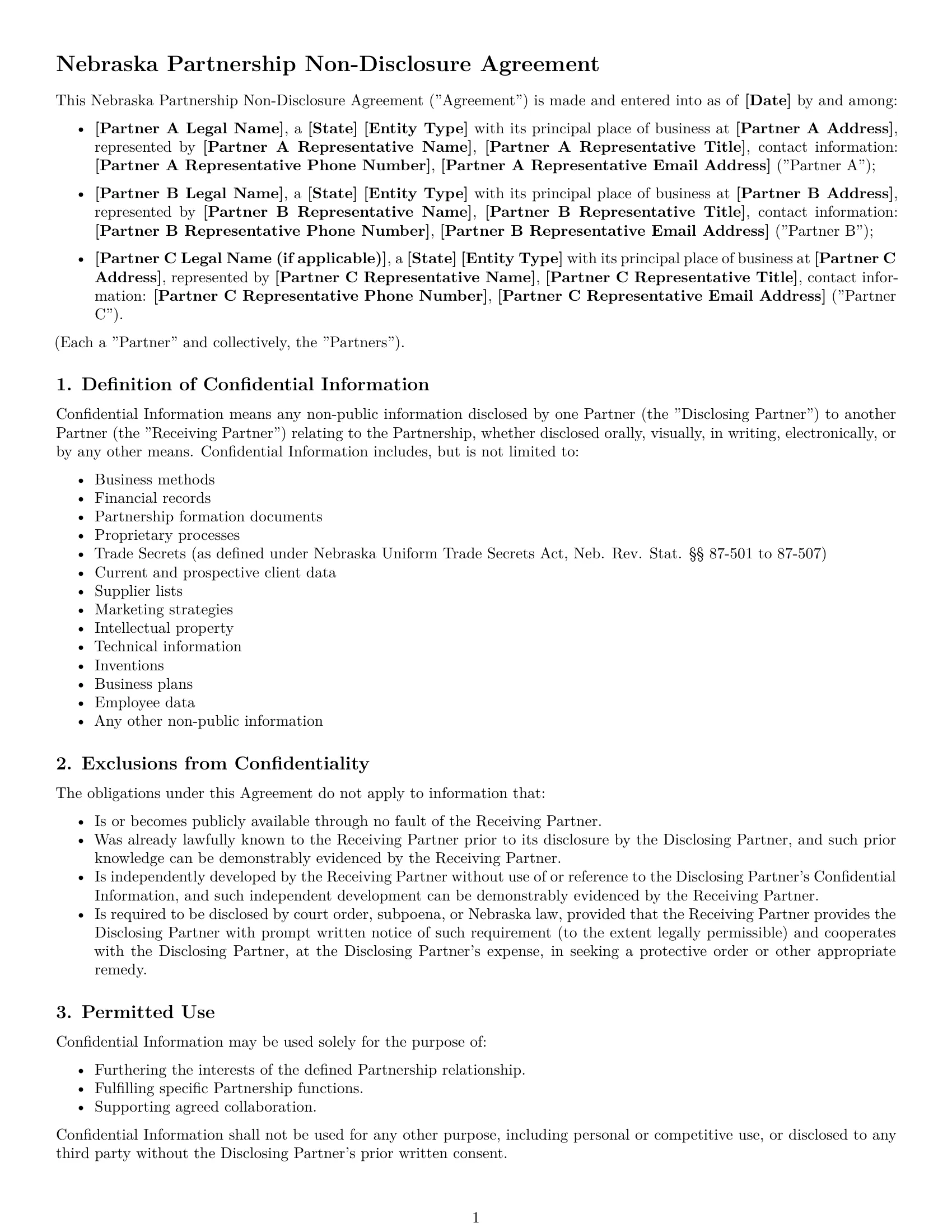 Preview page 1 of Free Nebraska partnership nda template