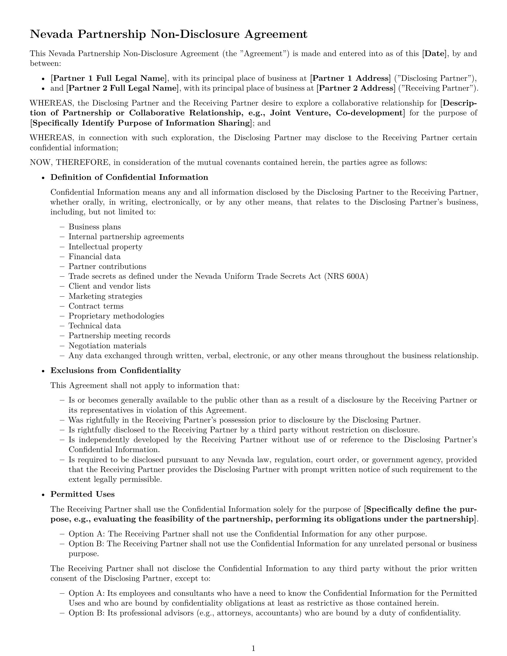 Preview page 1 of Free Nevada partnership nda template