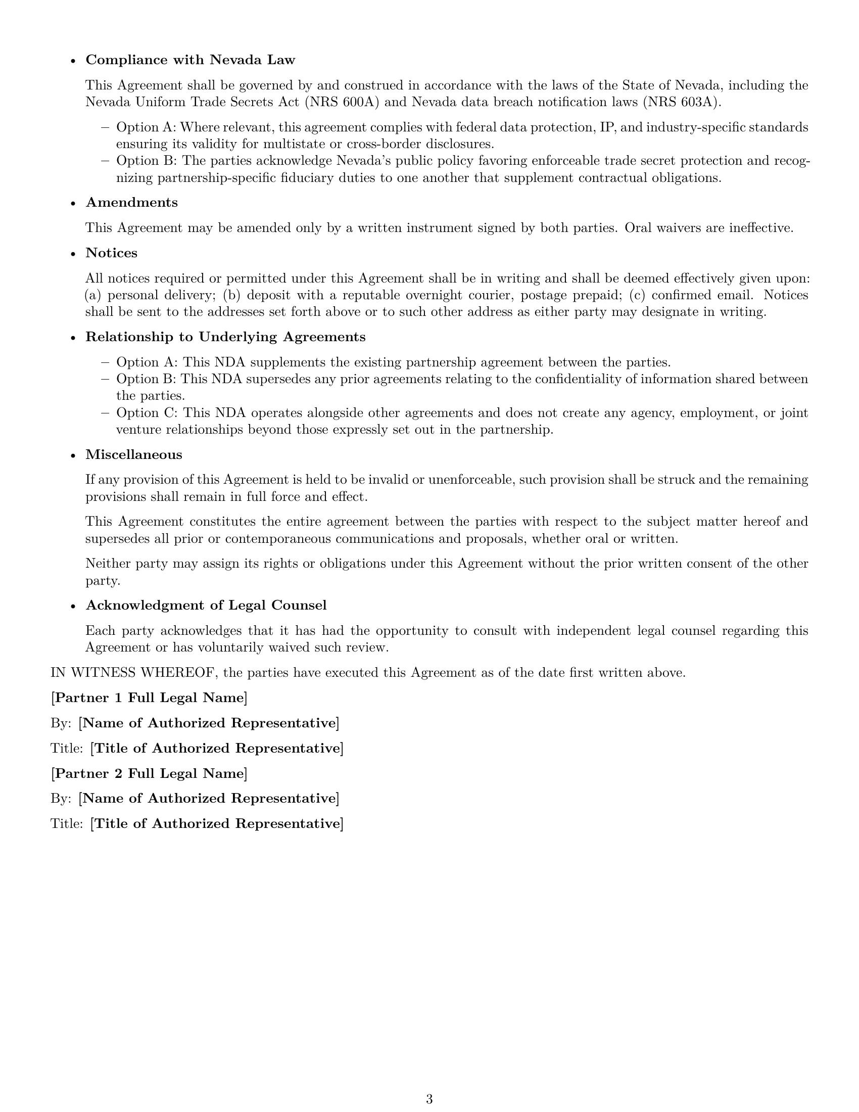 Preview page 3 of Free Nevada partnership nda template