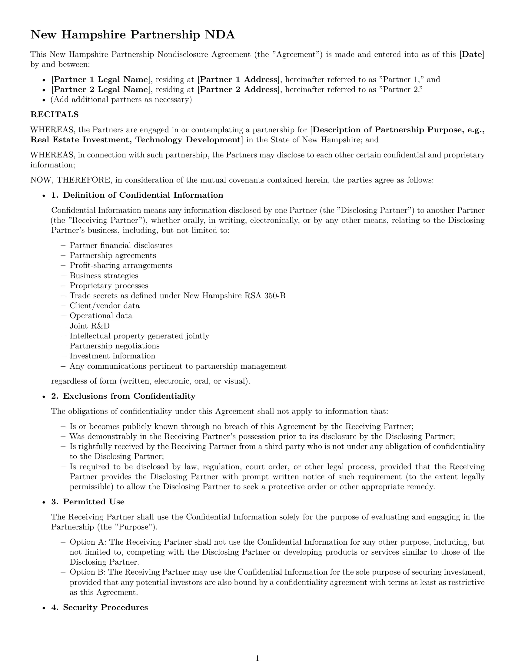 Preview page 1 of Free New Hampshire partnership nda template