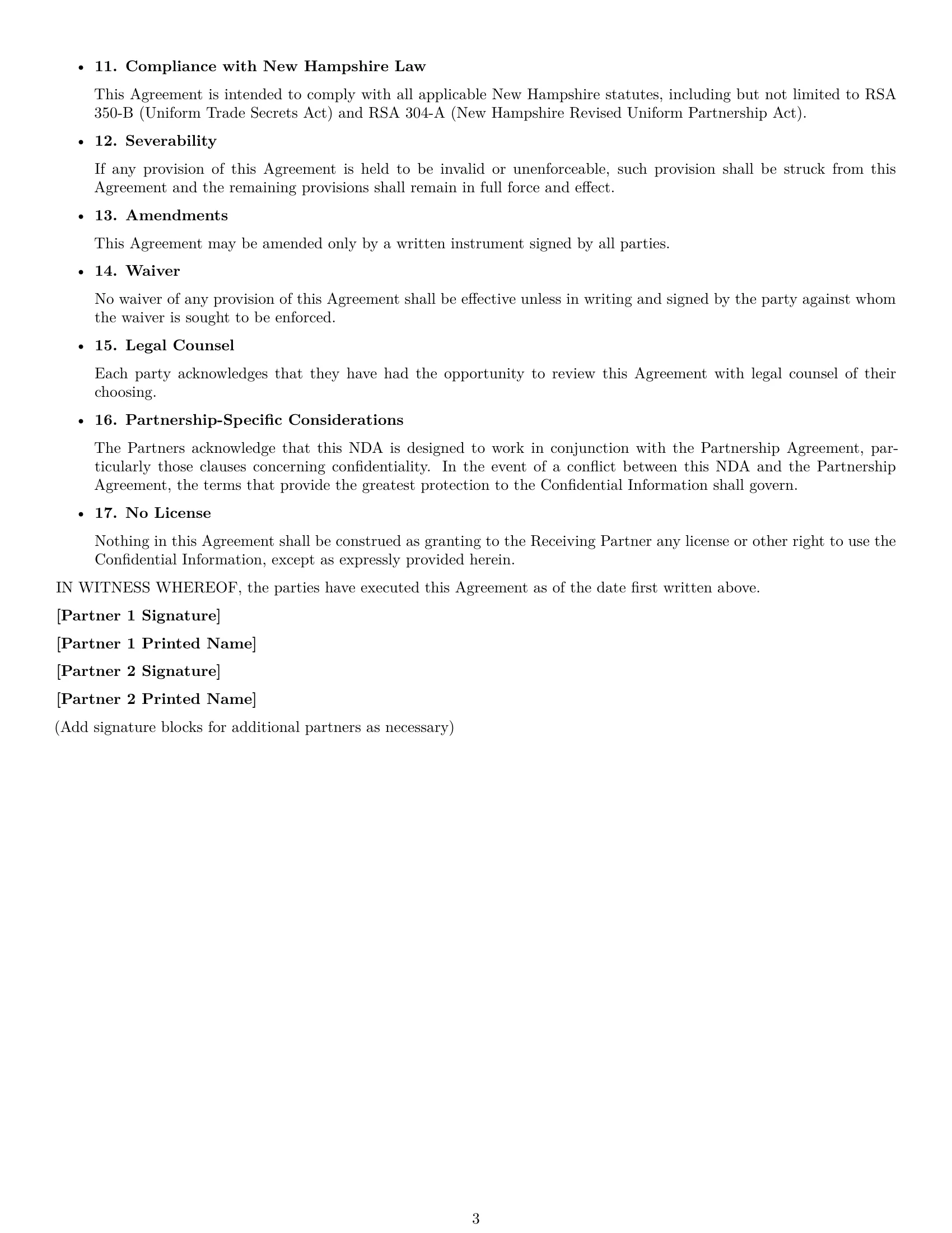 Preview page 3 of Free New Hampshire partnership nda template