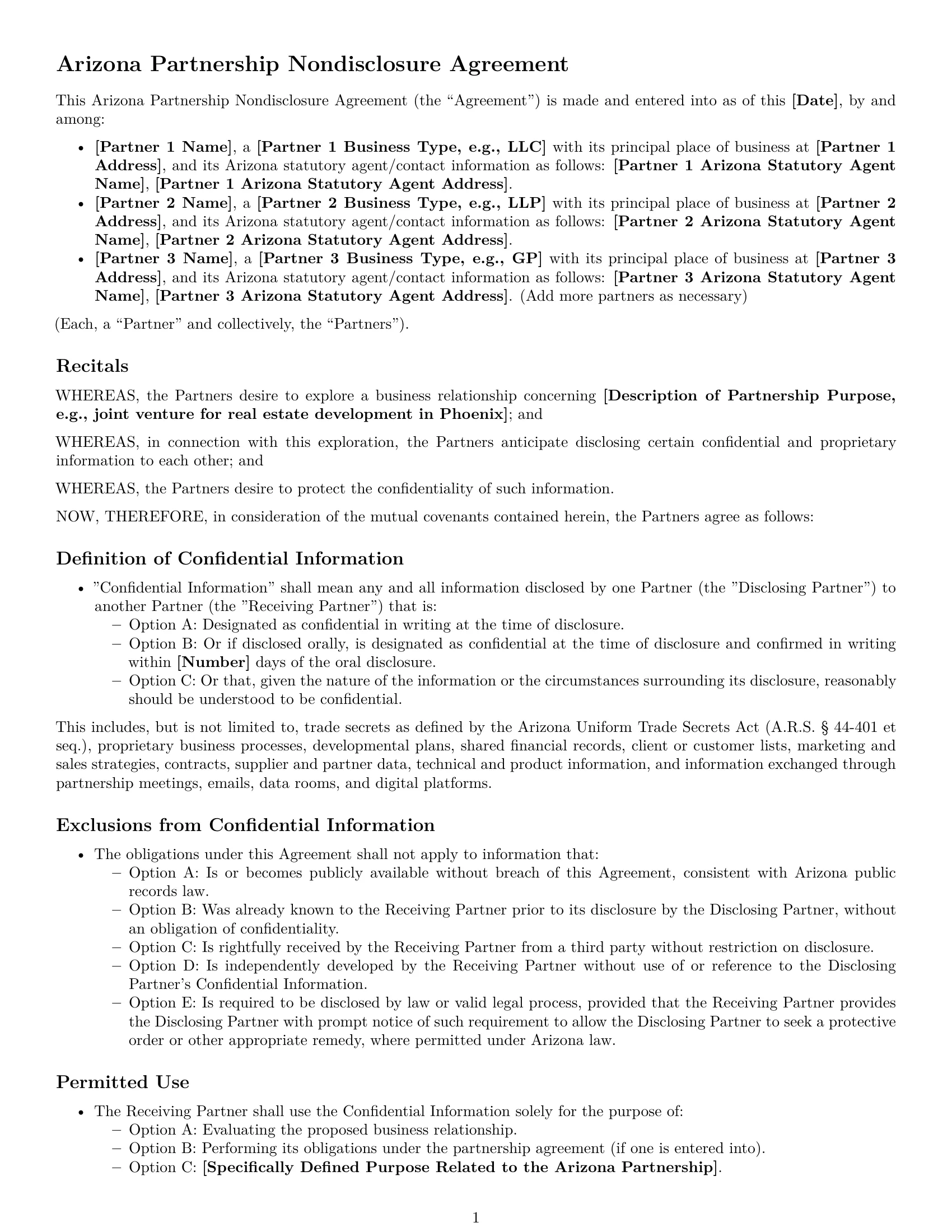 Preview page 1 of Free Arizona partnership nda template