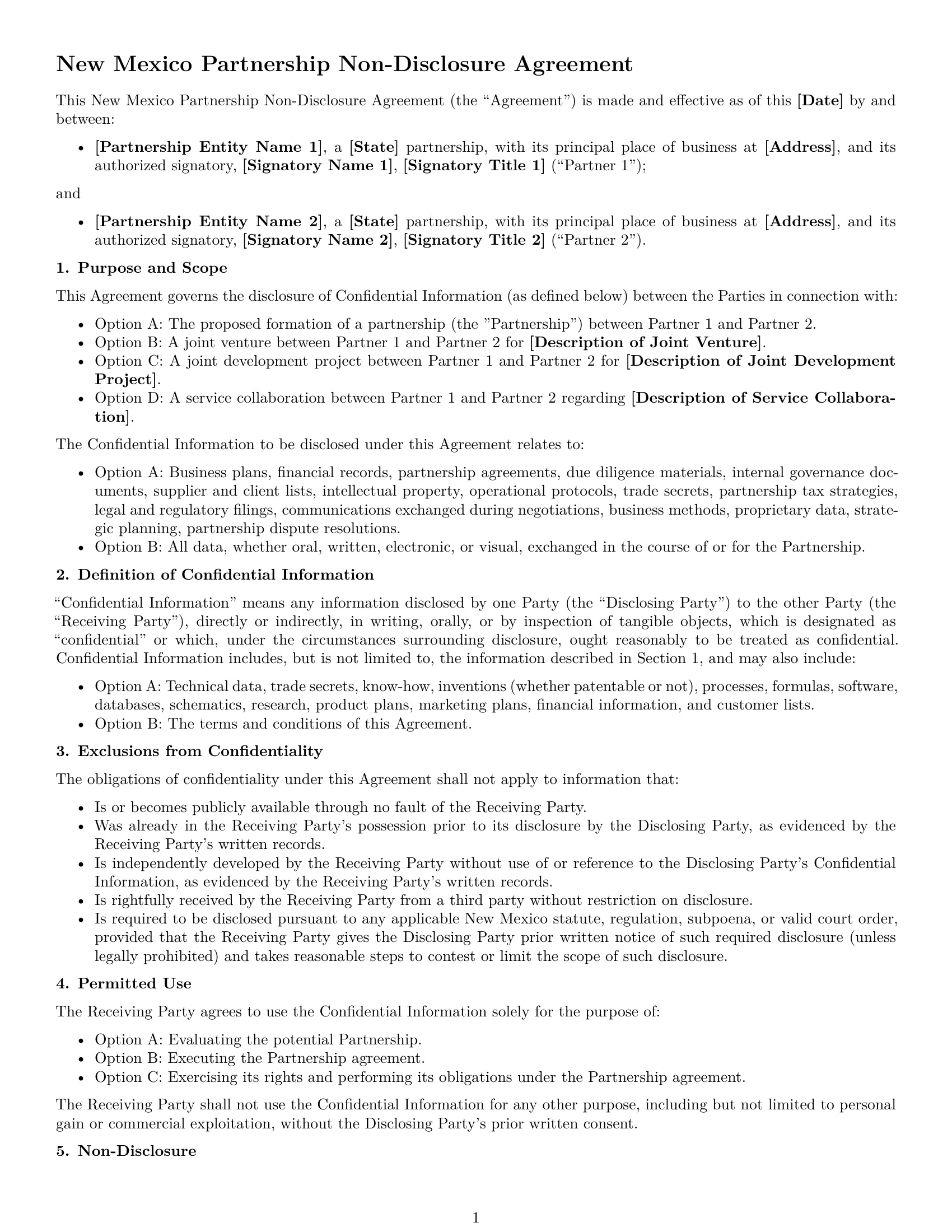 Preview page 1 of Free New Mexico partnership nda template