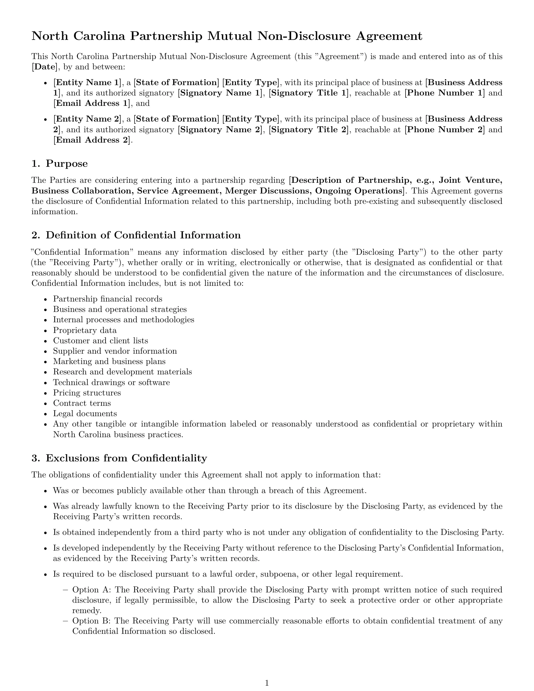 Preview page 1 of Free North Carolina partnership nda template