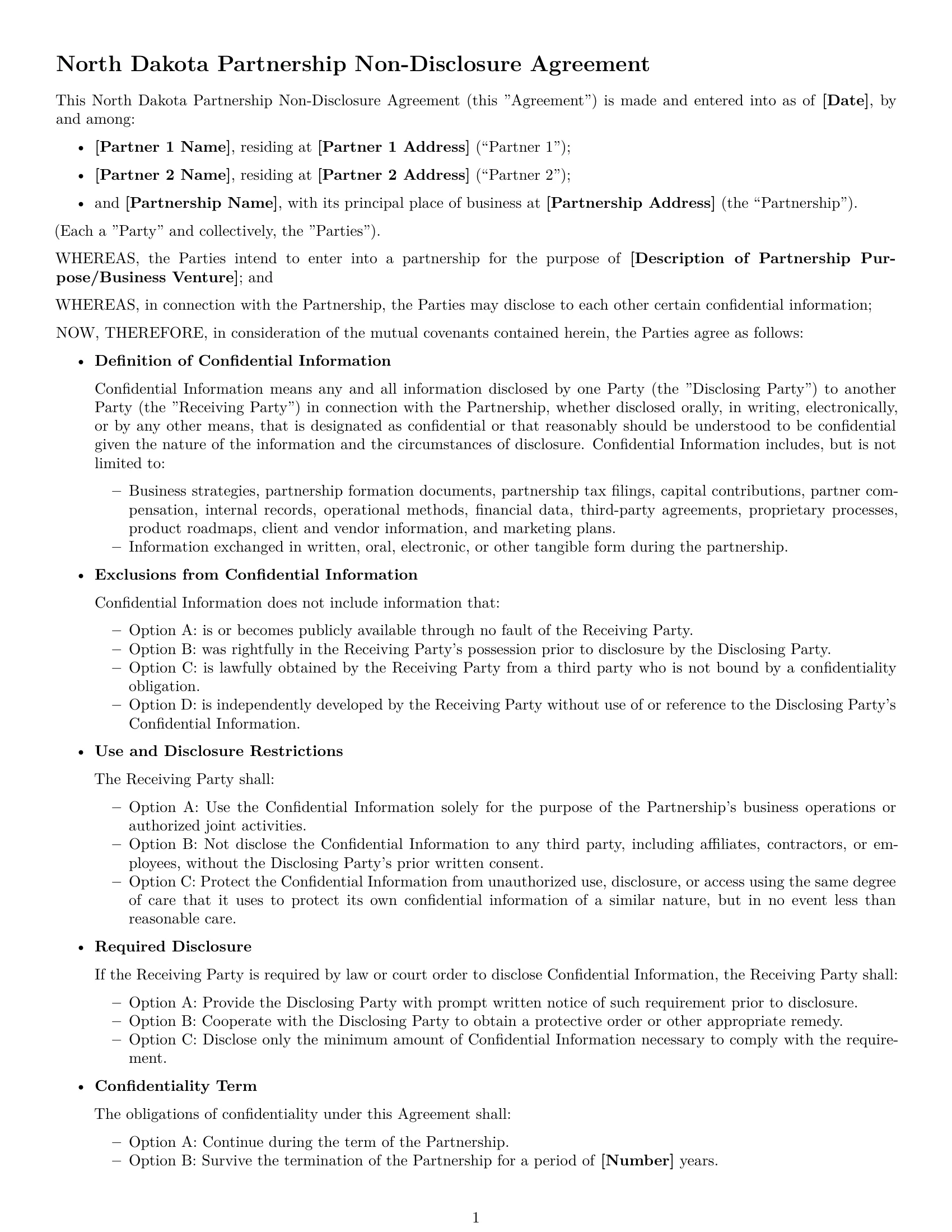 Preview page 1 of Free North Dakota partnership nda template