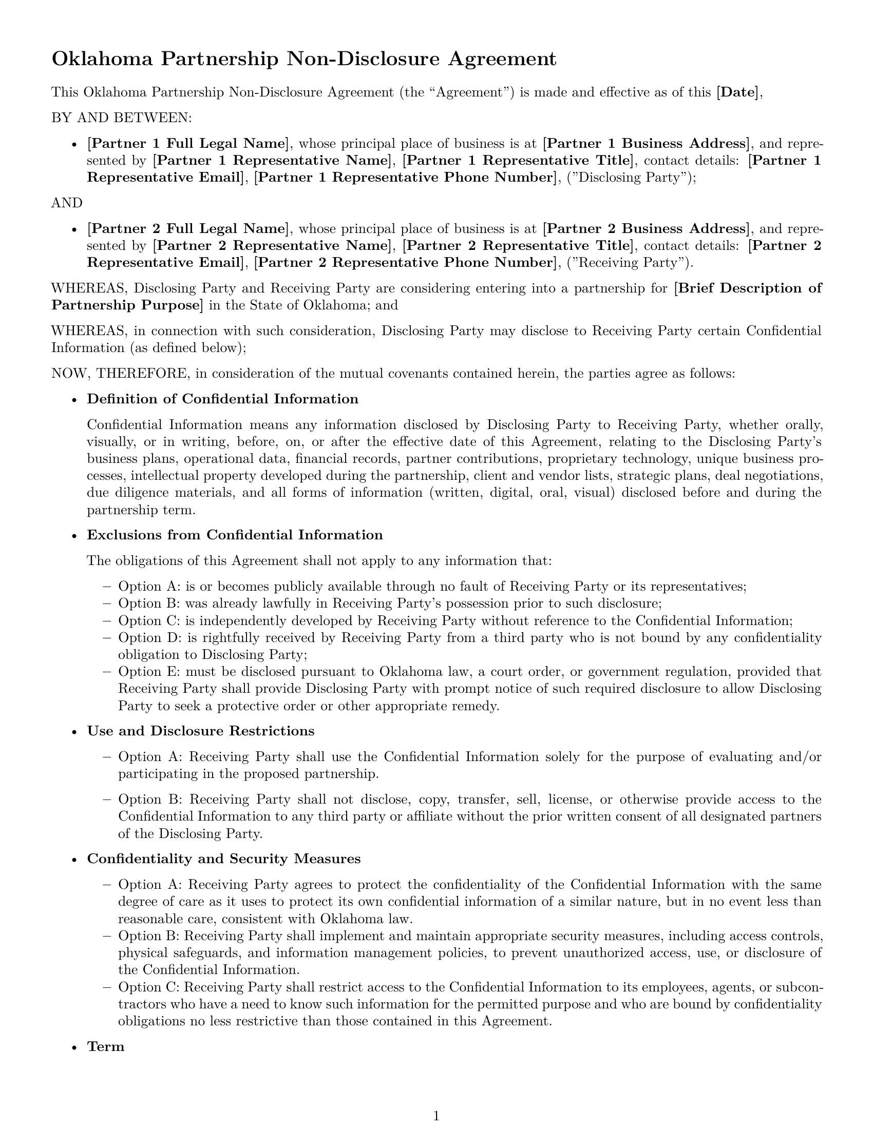 Preview page 1 of Free Oklahoma partnership nda template