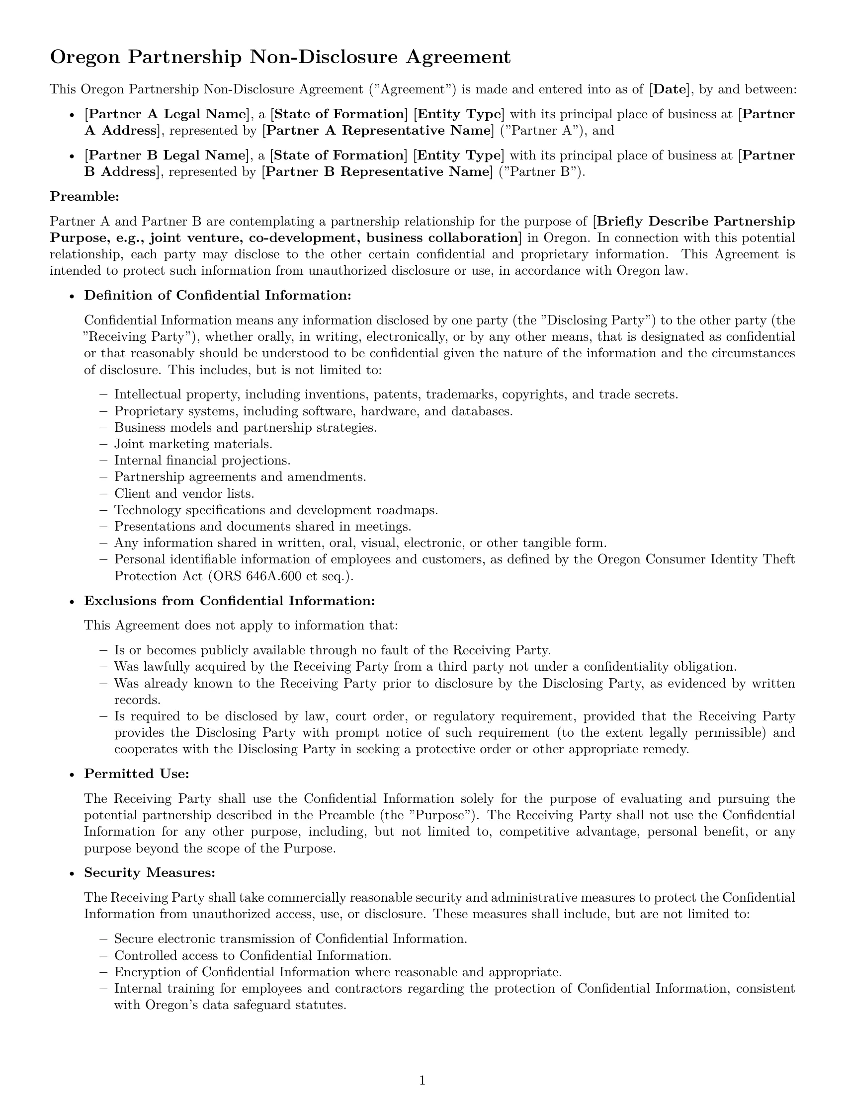 Preview page 1 of Free Oregon partnership nda template