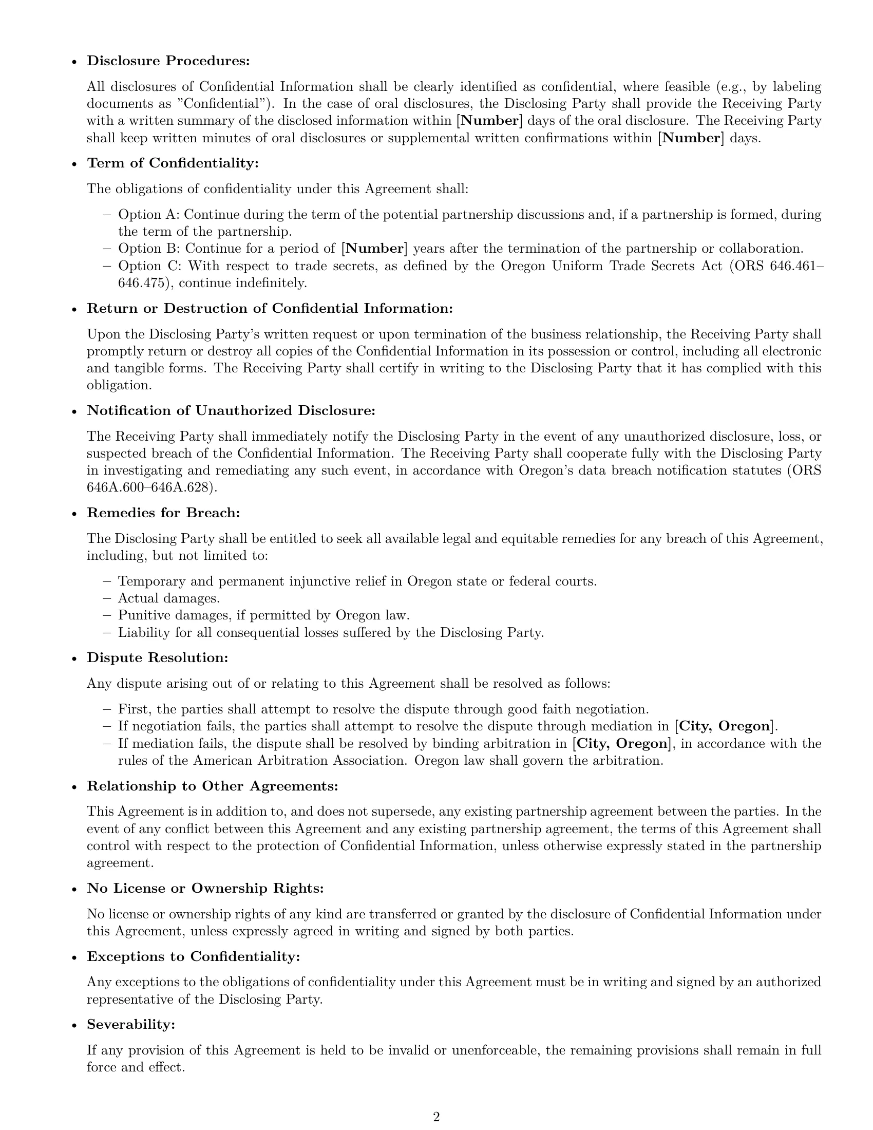 Preview page 2 of Free Oregon partnership nda template