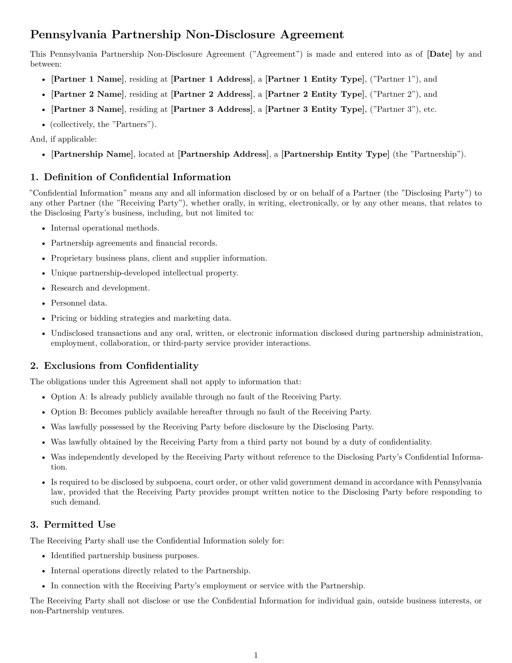 Preview page 1 of Free Pennsylvania partnership nda template