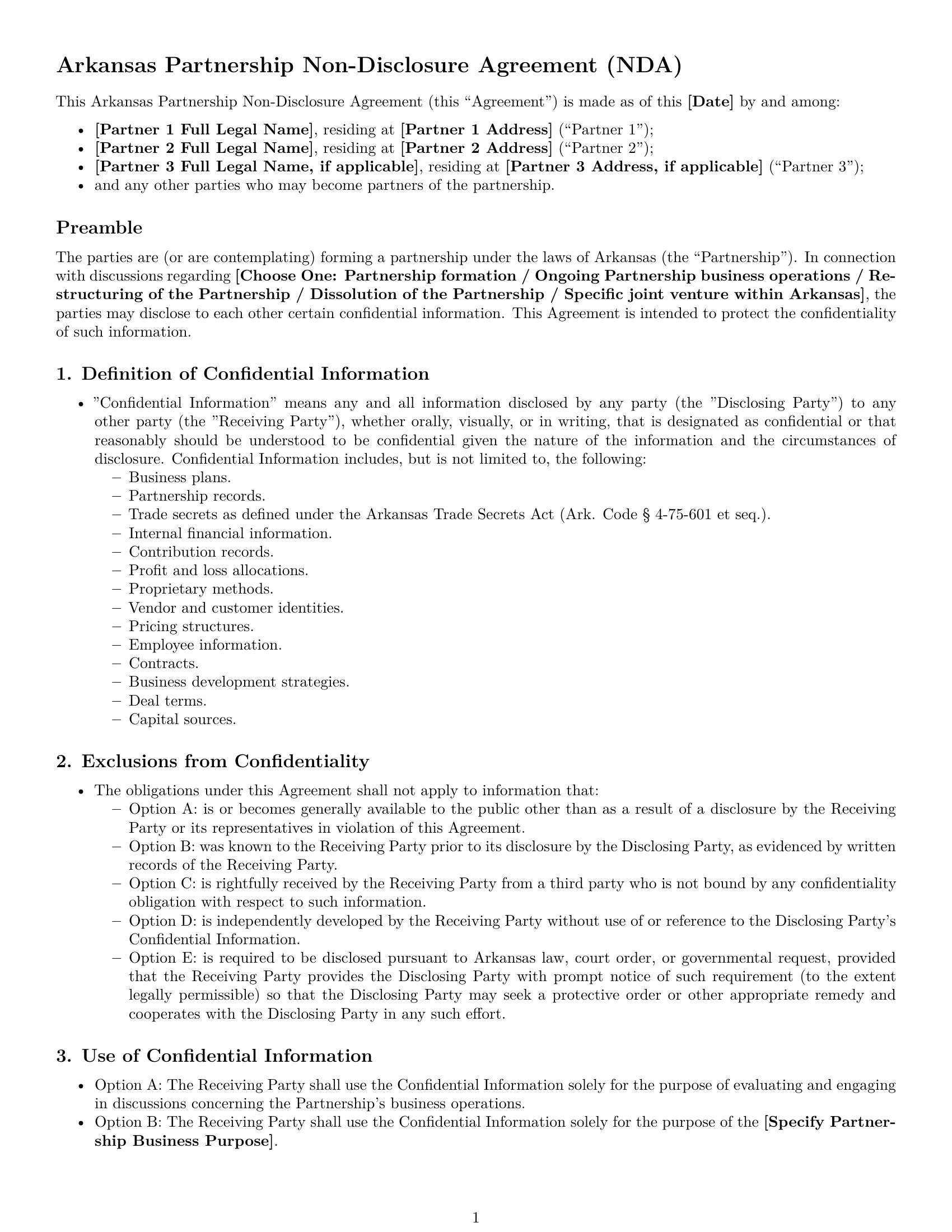 Preview page 1 of Free Arkansas partnership nda template