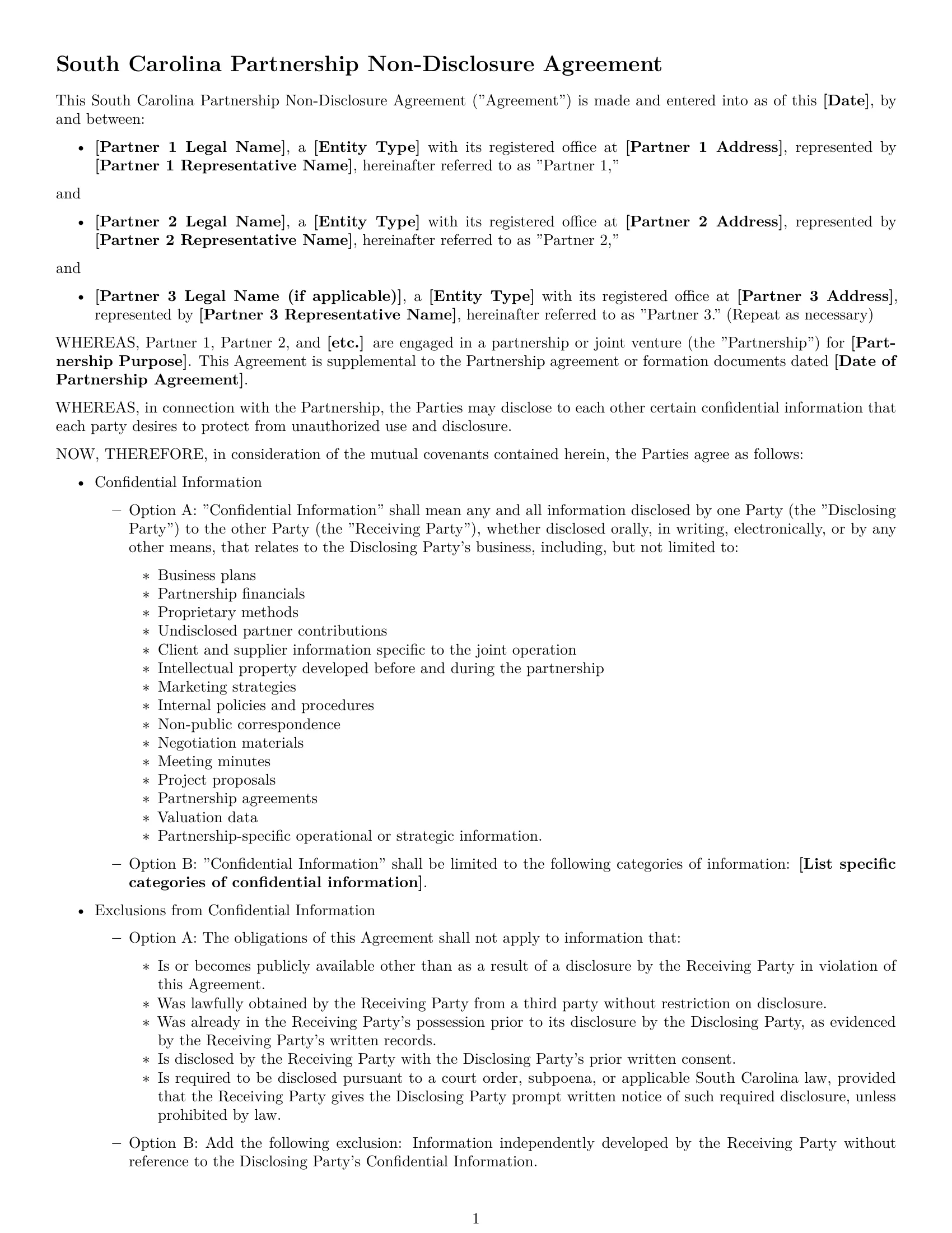 Preview page 1 of Free South Carolina partnership nda template