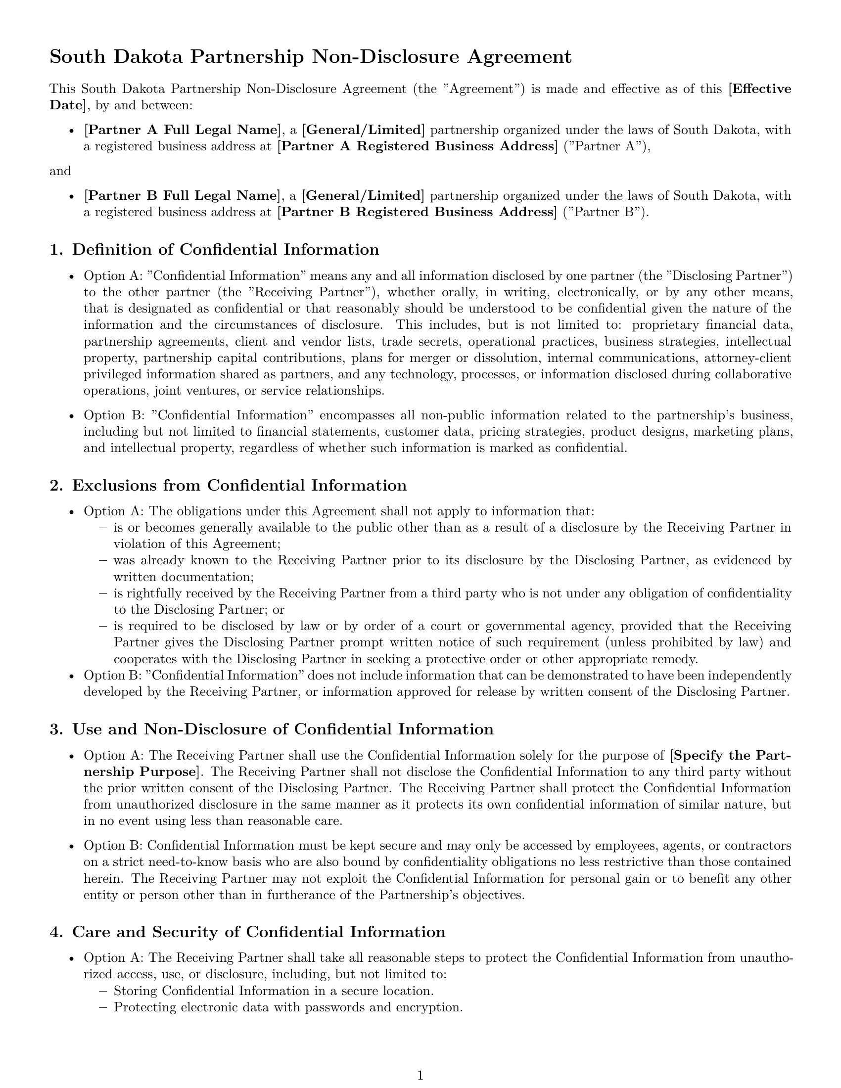Preview page 1 of Free South Dakota partnership nda template