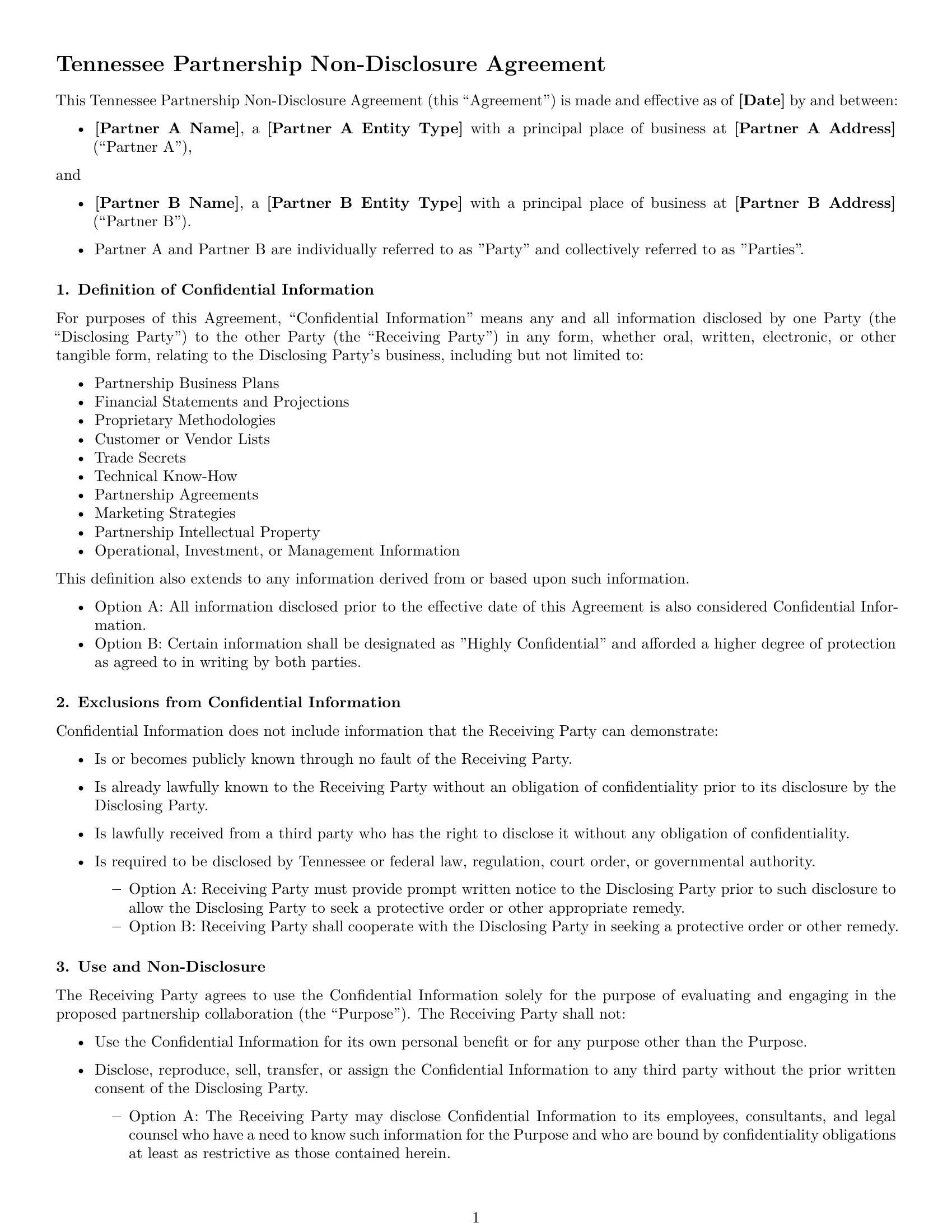 Preview page 1 of Free Tennessee partnership nda template