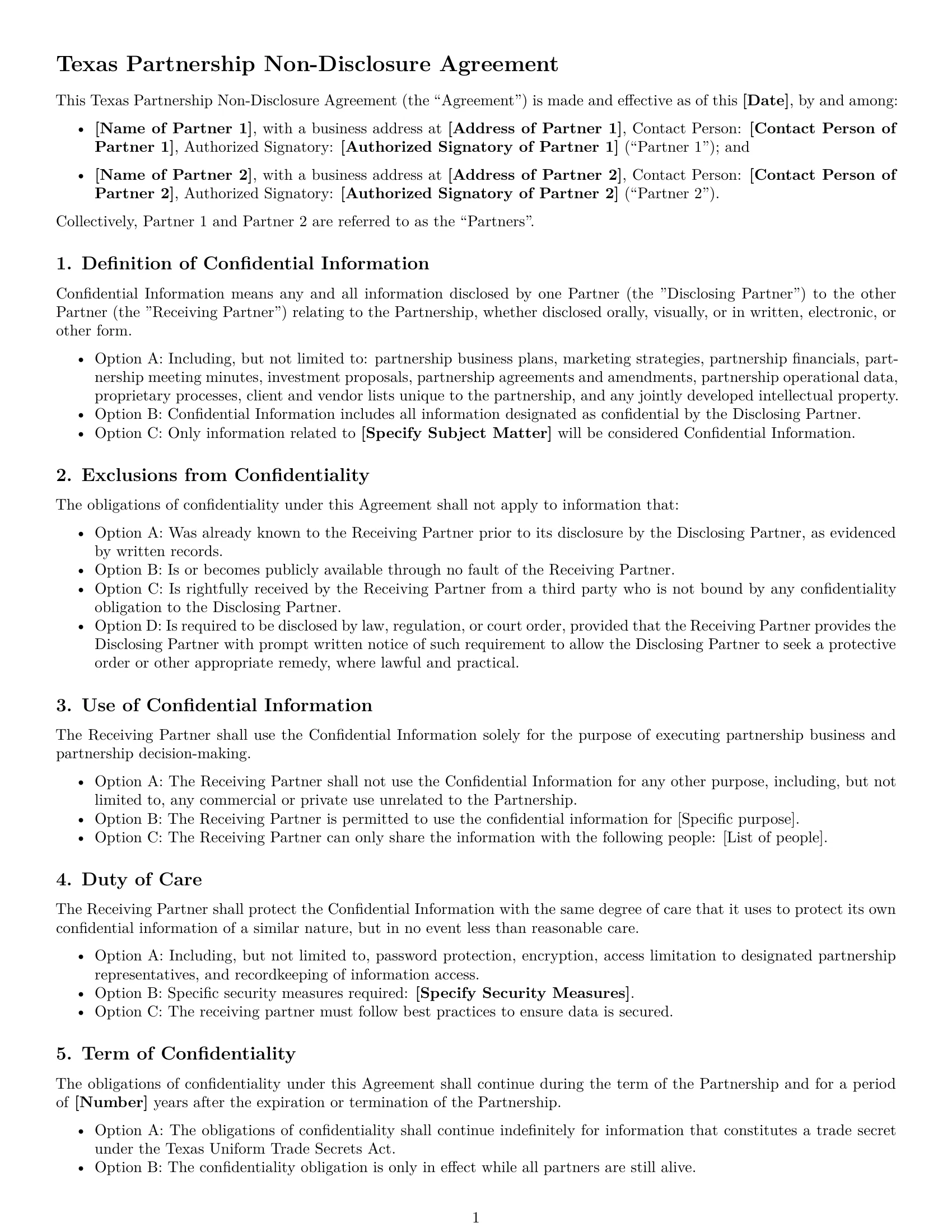 Preview page 1 of Free Texas partnership nda template