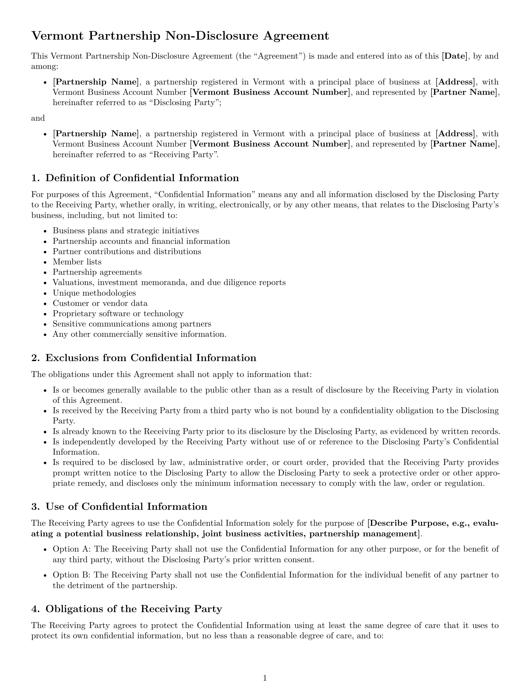 Preview page 1 of Free Vermont partnership nda template