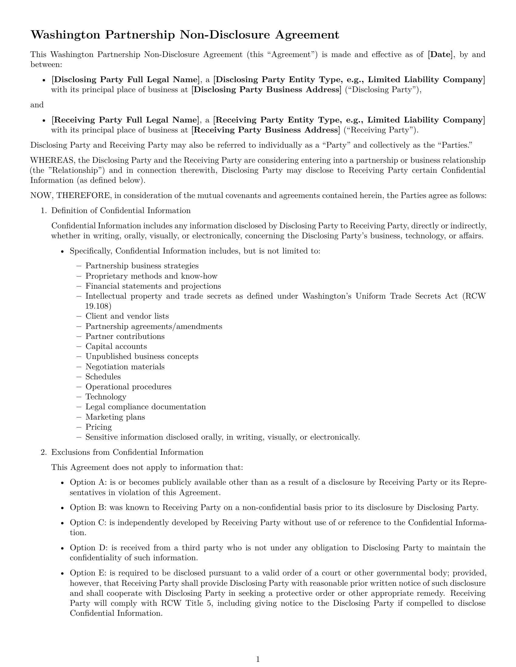 Preview page 1 of Free Washington partnership nda template