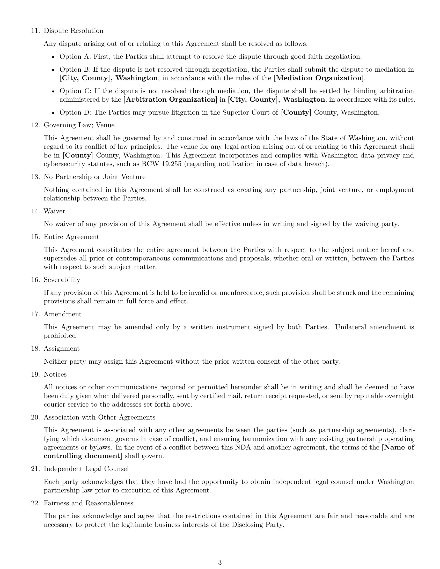 Preview page 3 of Free Washington partnership nda template