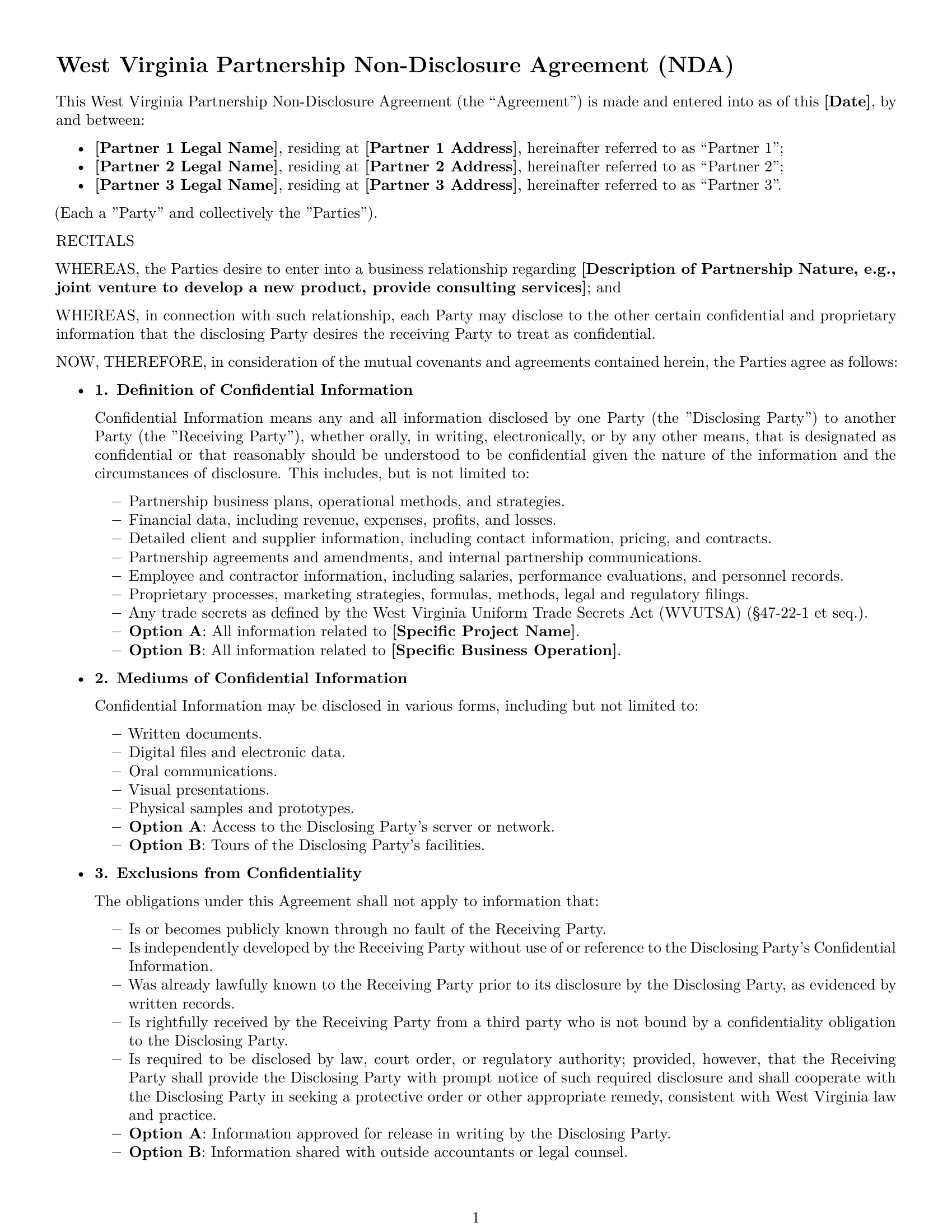 Preview page 1 of Free West Virginia partnership nda template
