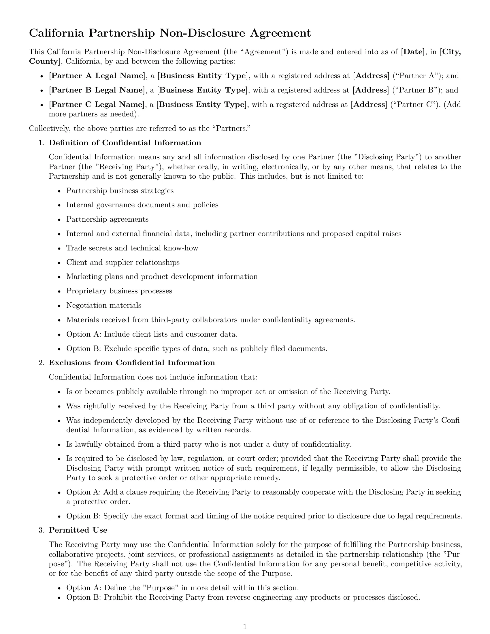 Preview page 1 of Free California partnership nda template