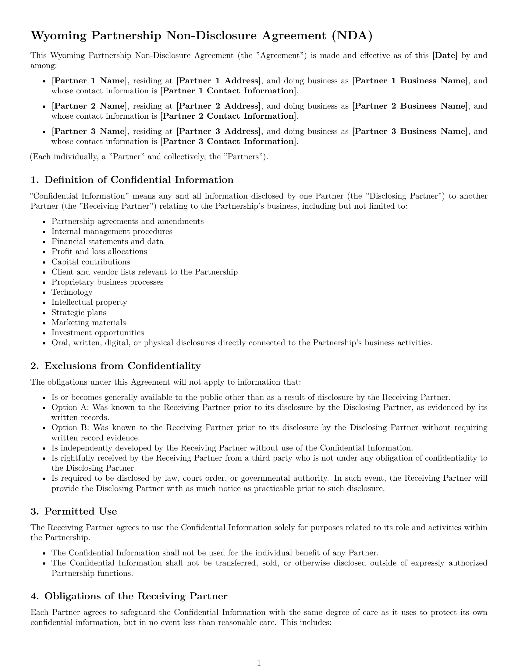 Preview page 1 of Free Wyoming partnership nda template