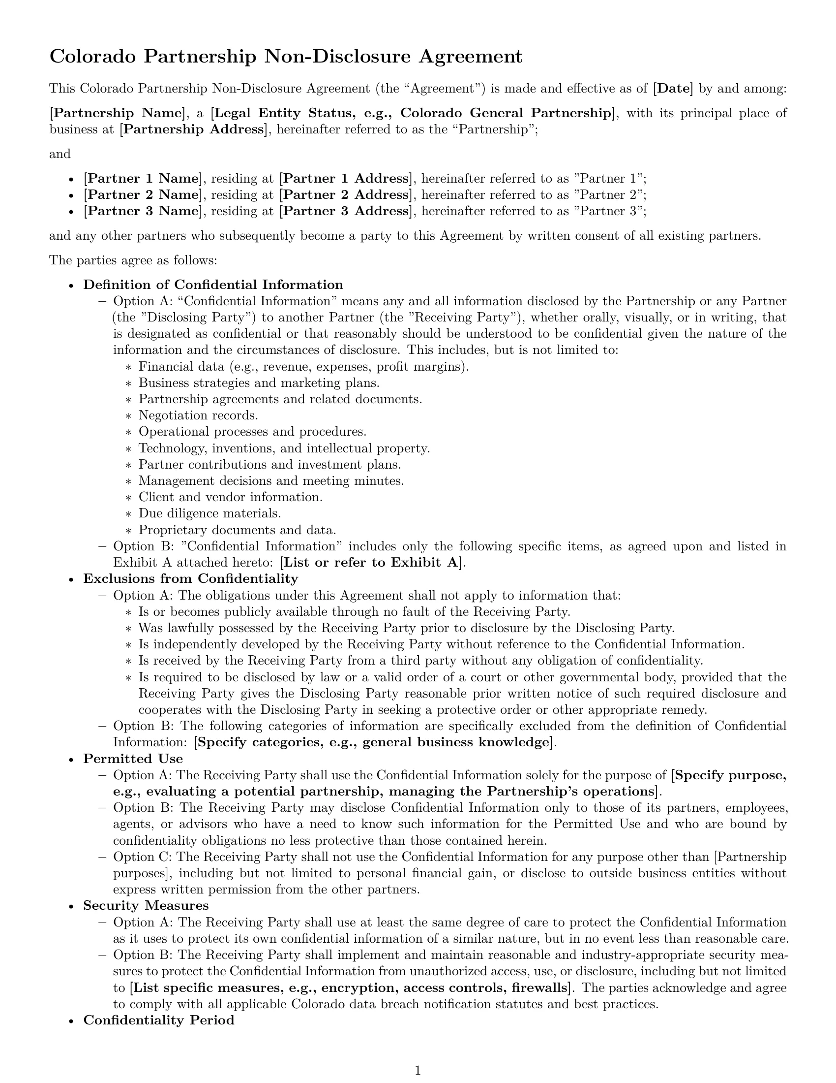 Preview page 1 of Free Colorado partnership nda template