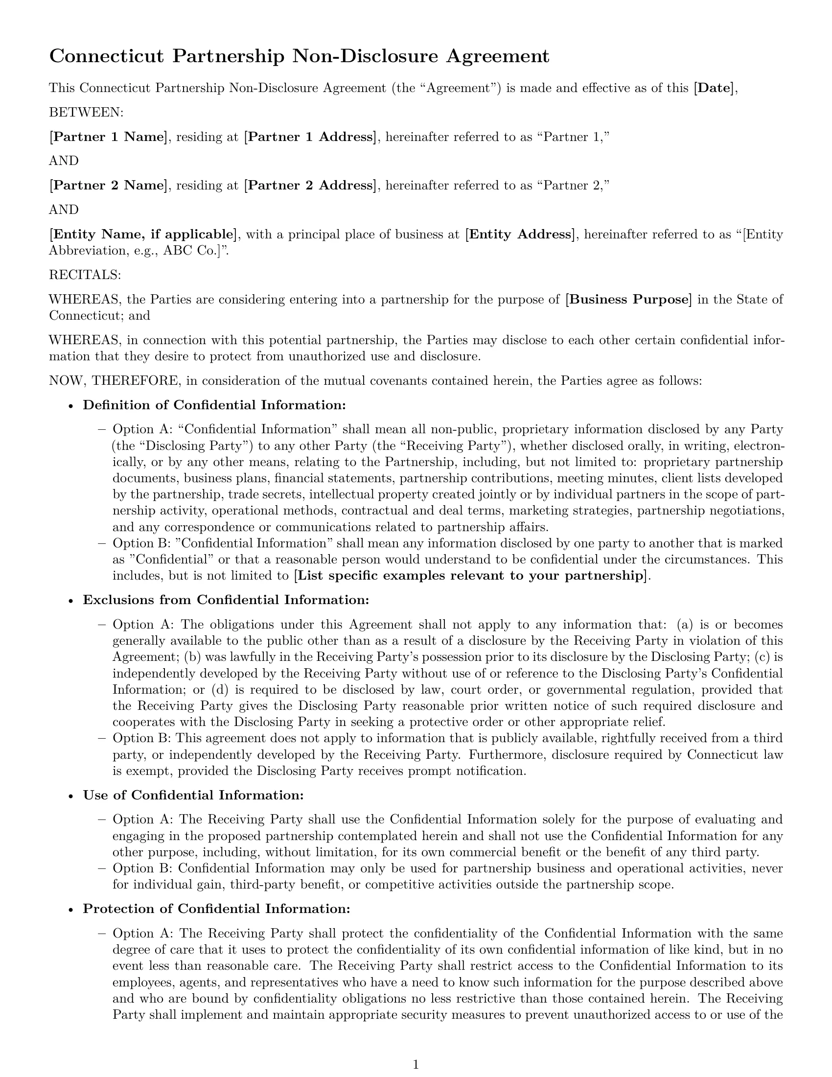 Preview page 1 of Free Connecticut partnership nda template