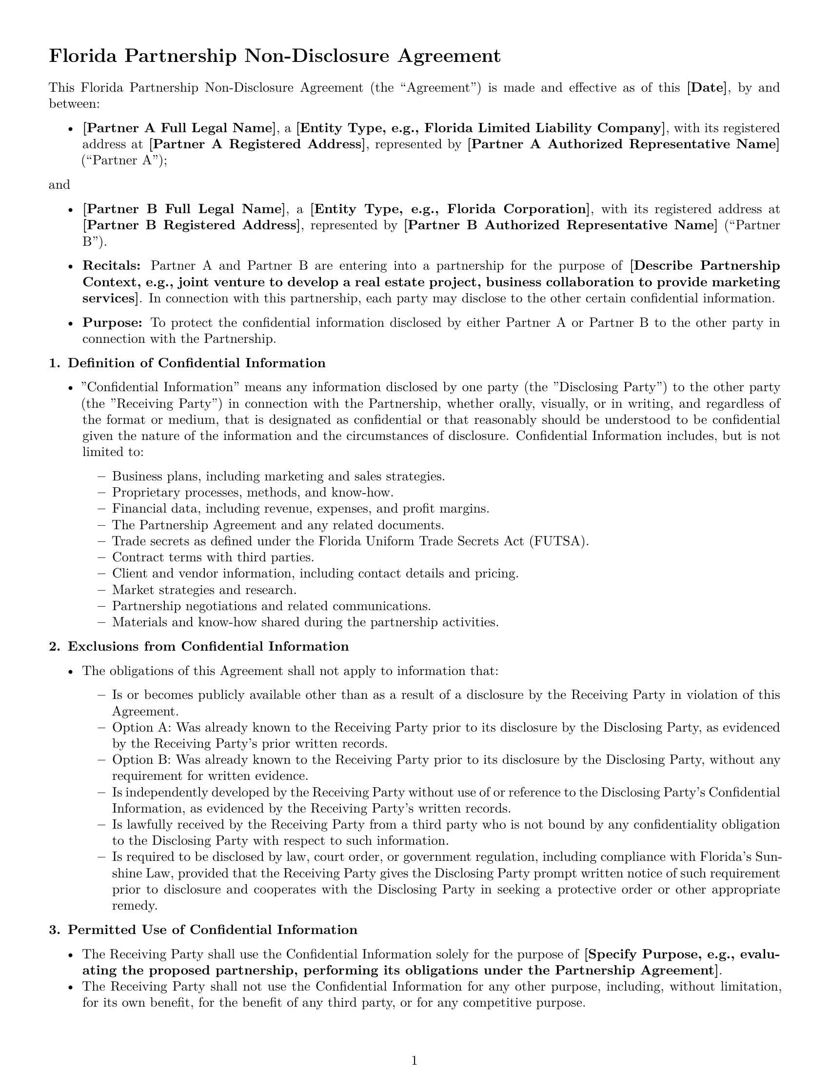Preview page 1 of Free Florida partnership nda template