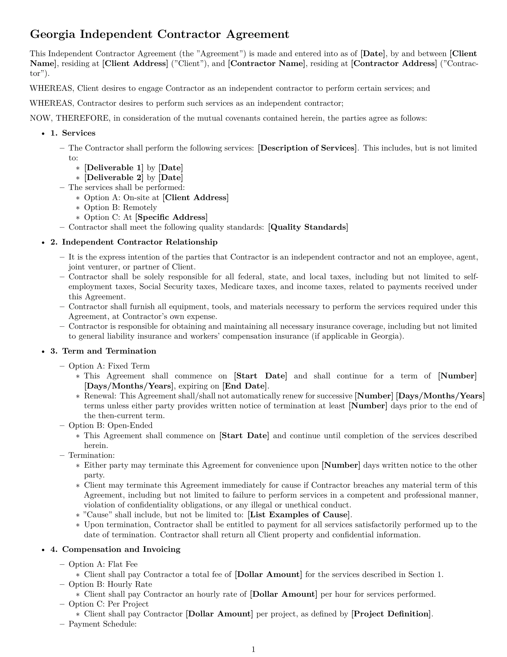 Preview page 1 of Free Georgia independent contractor agreement template