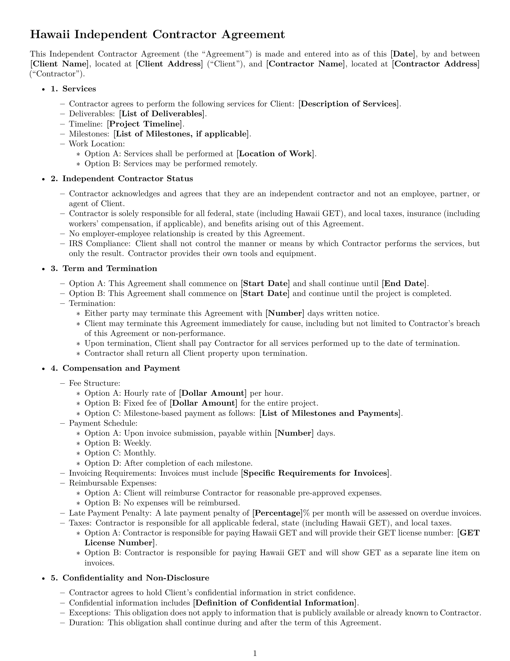 Preview page 1 of Free Hawaii independent contractor agreement template
