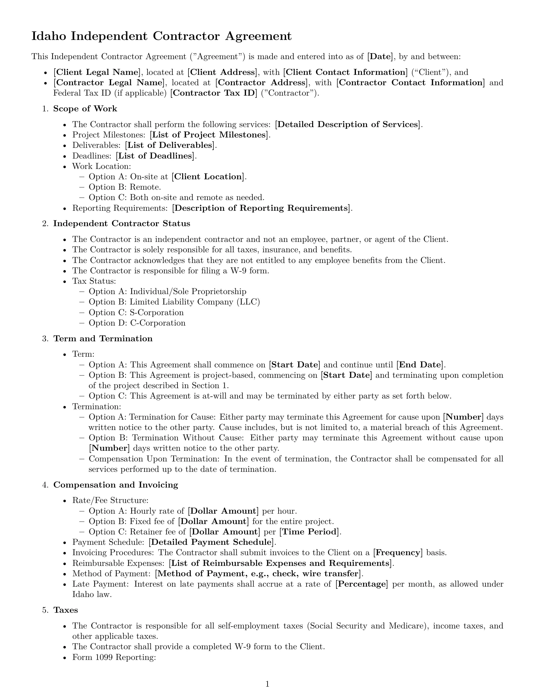 Preview page 1 of Free Idaho independent contractor agreement template