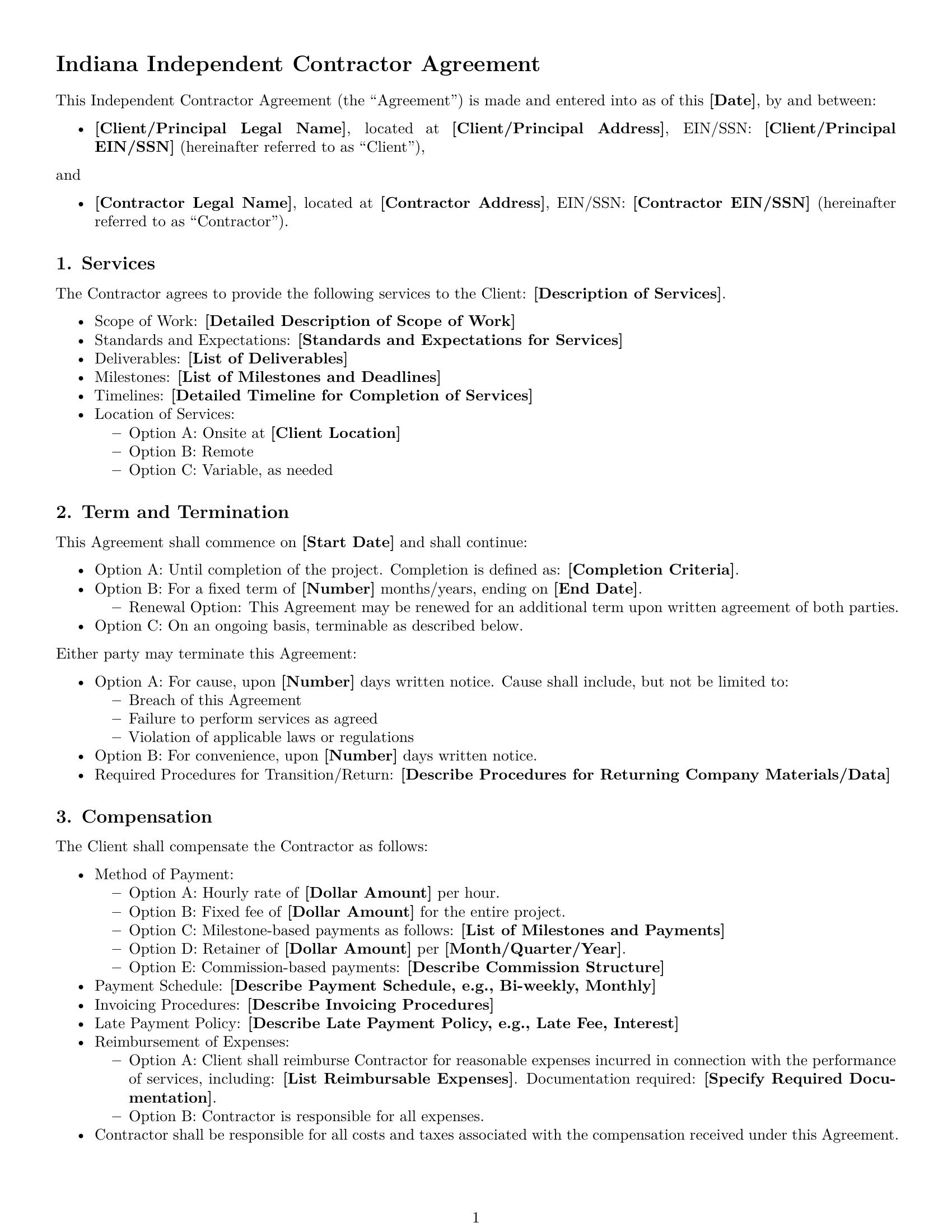 Preview page 1 of Free Indiana independent contractor agreement template
