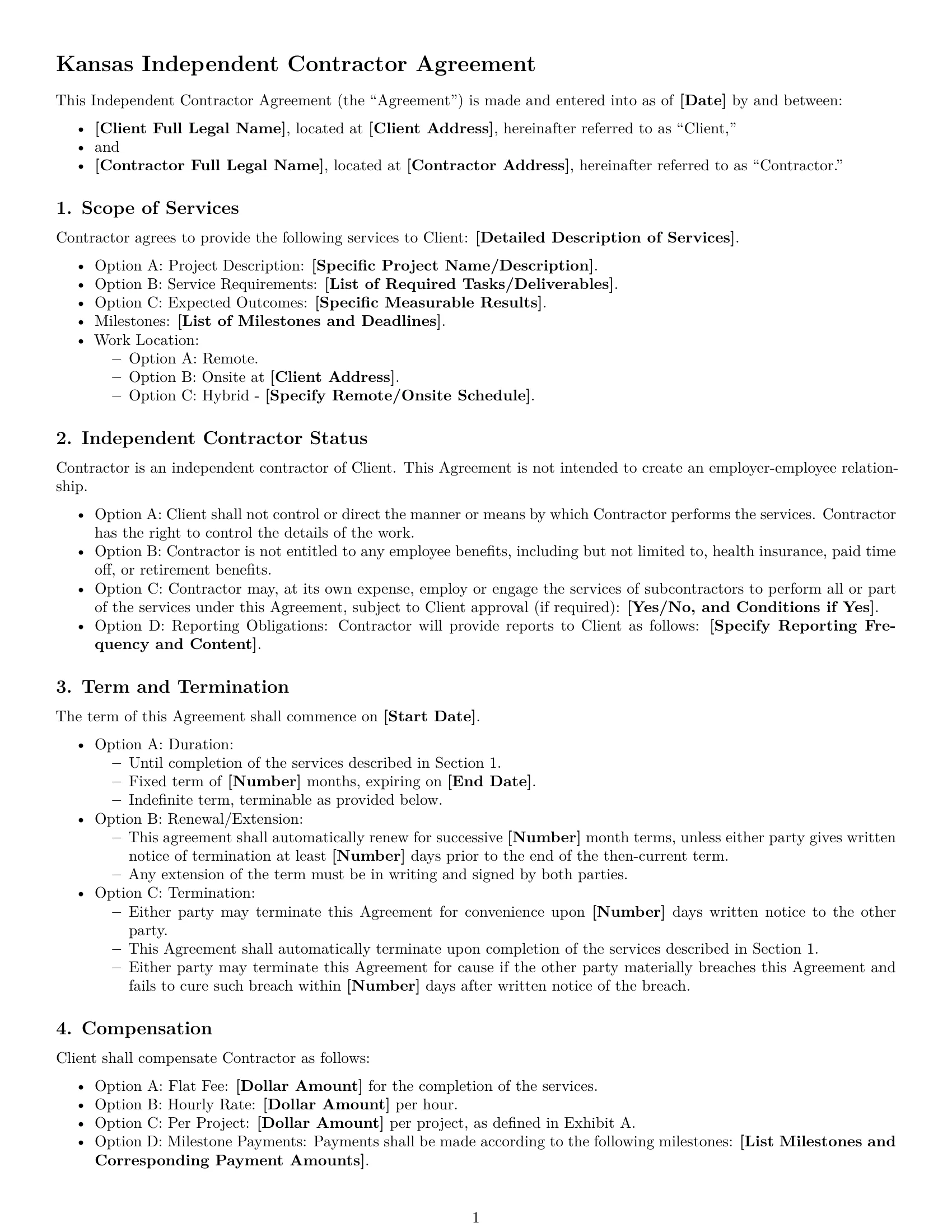 Preview page 1 of Free Kansas independent contractor agreement template