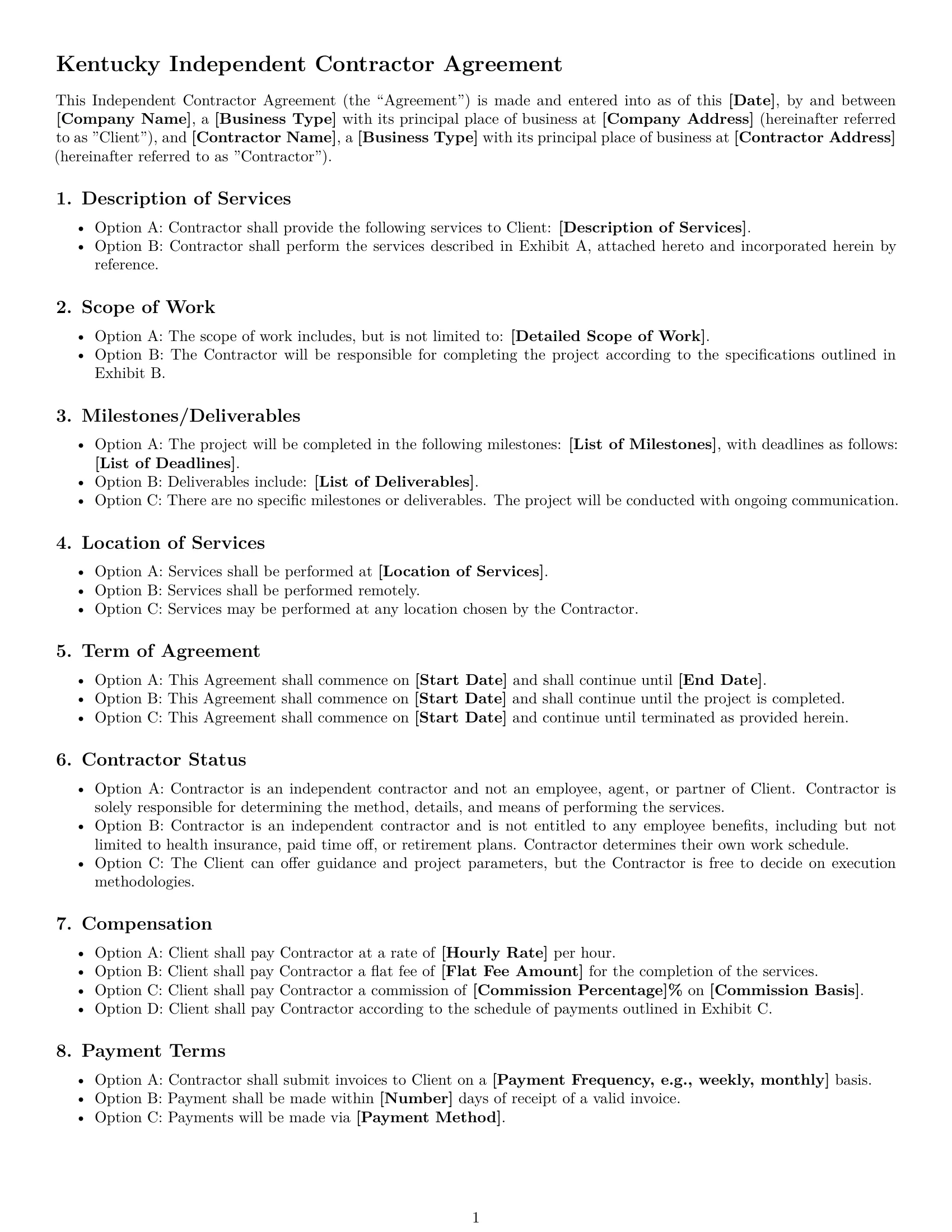 Preview page 1 of Free Kentucky independent contractor agreement template