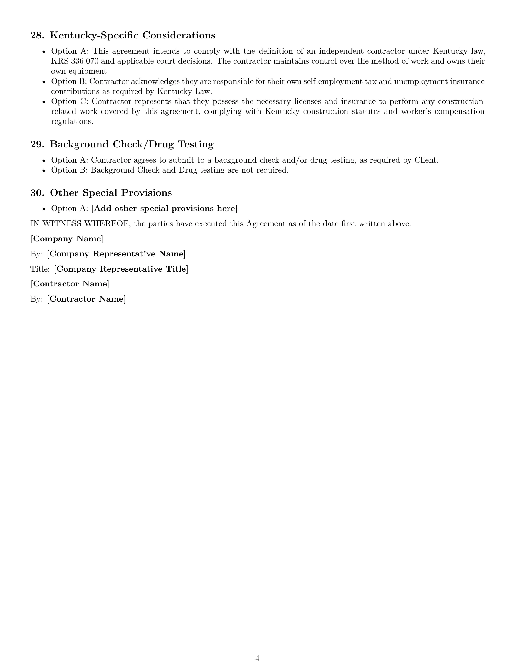 Preview page 4 of Free Kentucky independent contractor agreement template