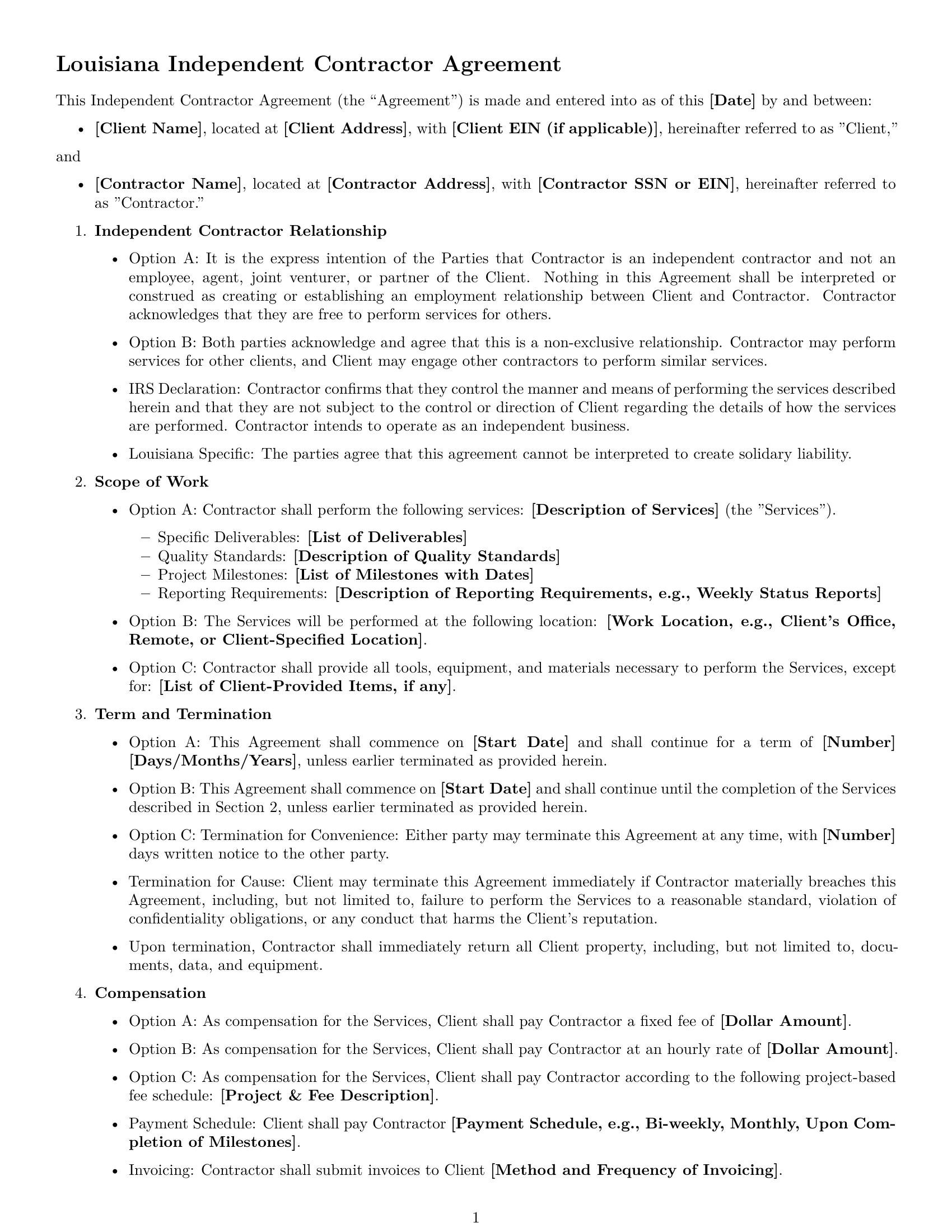 Preview page 1 of Free Louisiana independent contractor agreement template