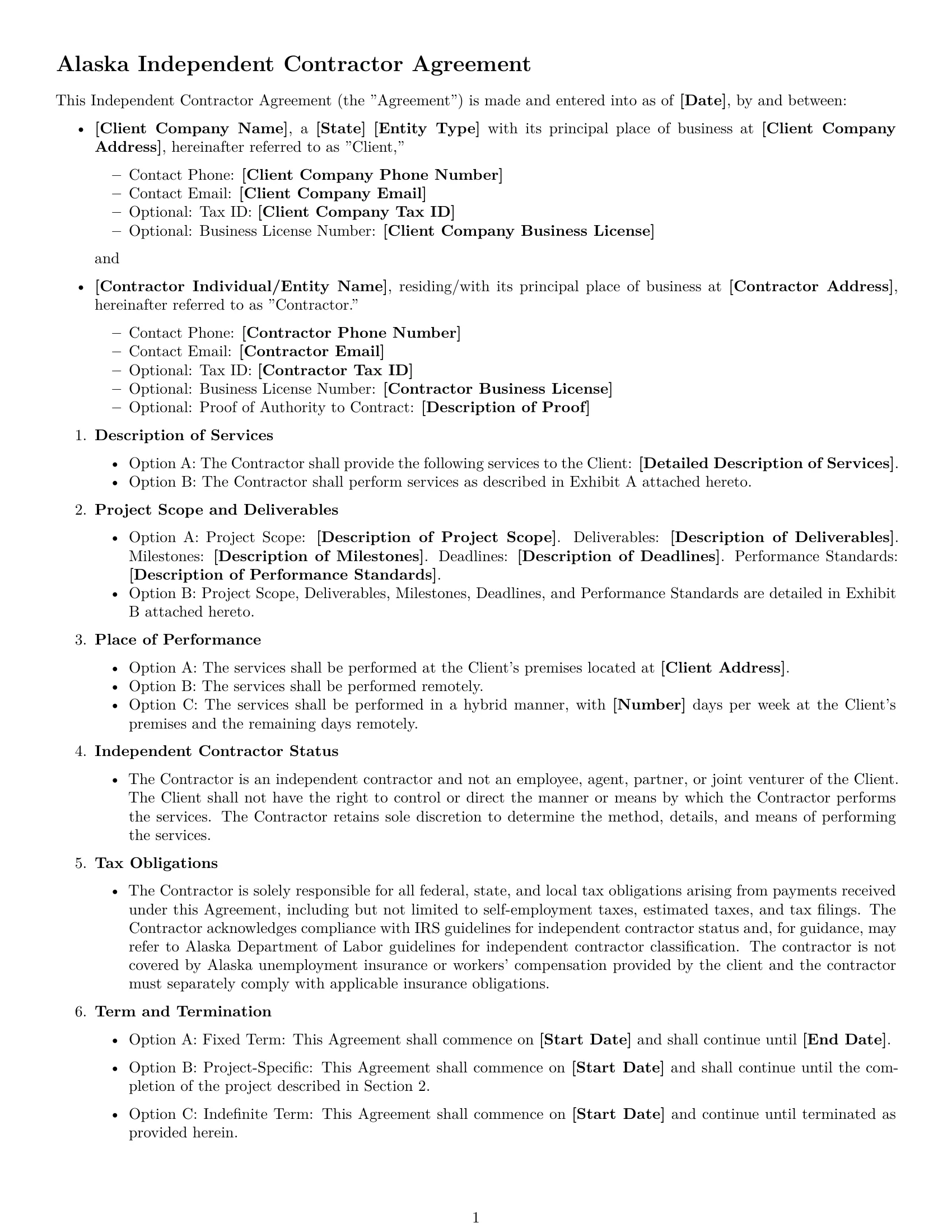 Preview page 1 of Free Alaska independent contractor agreement template