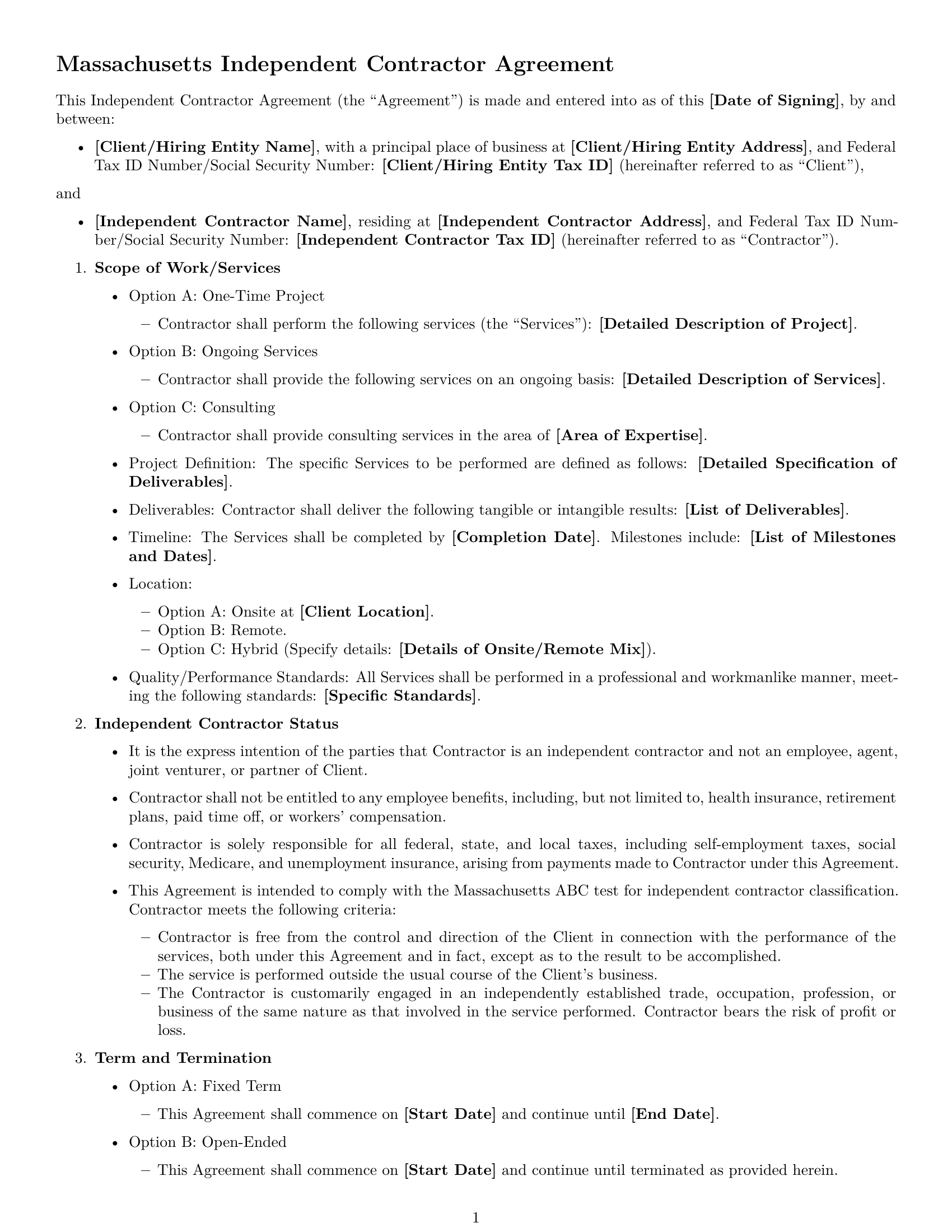Preview page 1 of Free Massachusetts independent contractor agreement template