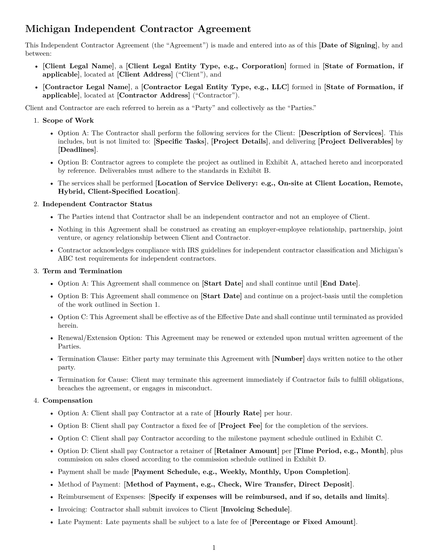 Preview page 1 of Free Michigan independent contractor agreement template