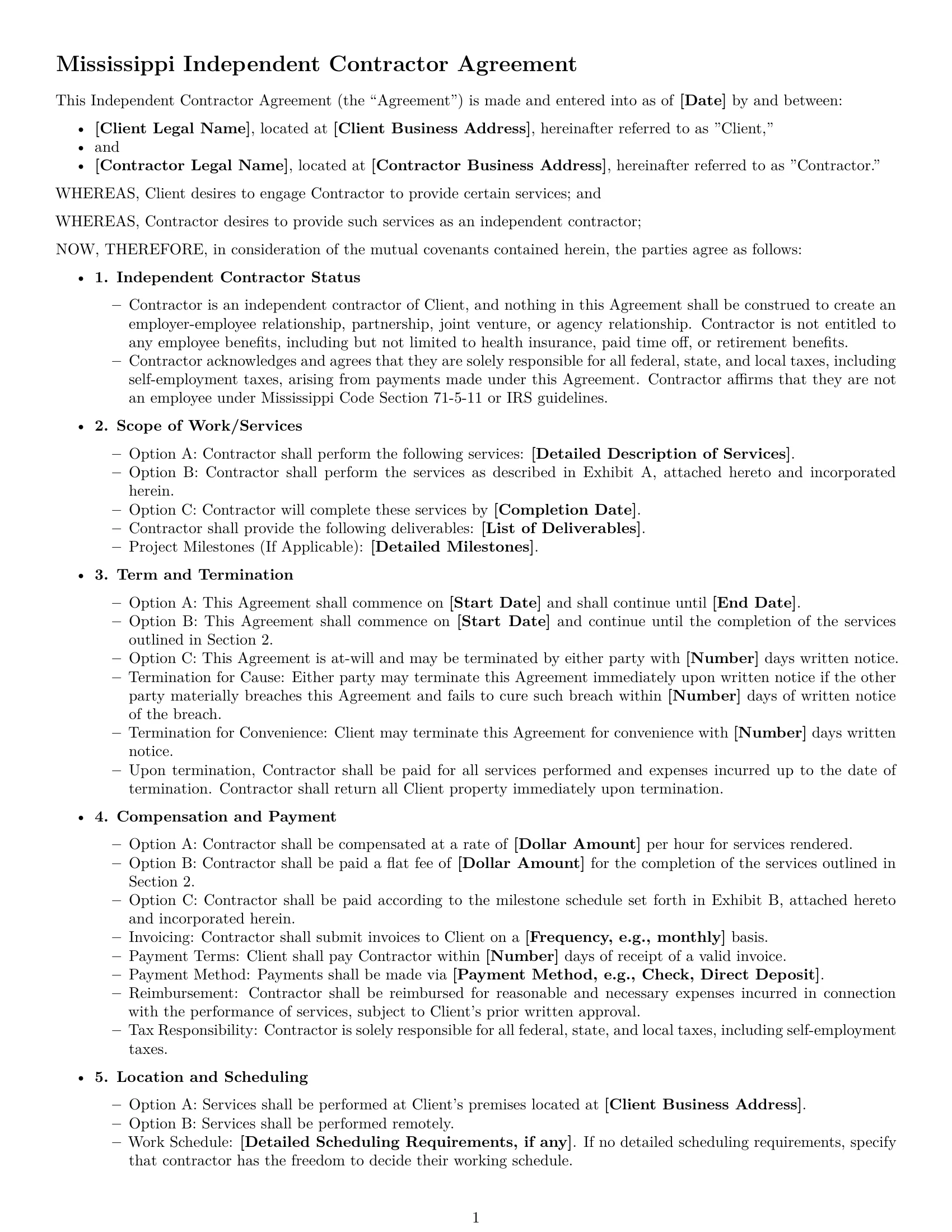 Preview page 1 of Free Mississippi independent contractor agreement template