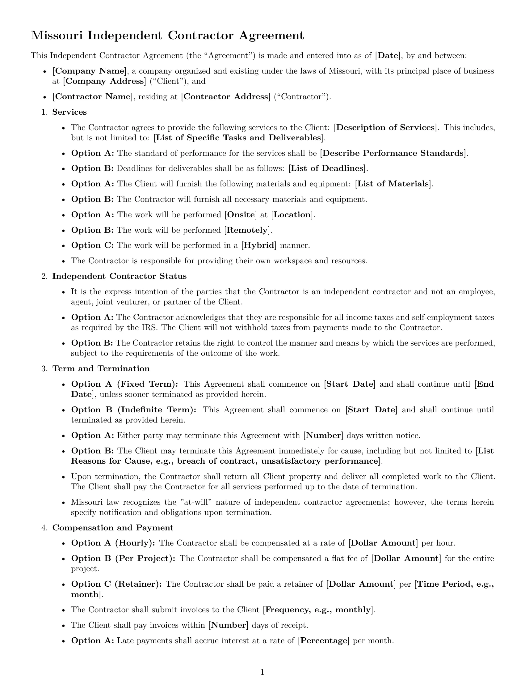 Preview page 1 of Free Missouri independent contractor agreement template