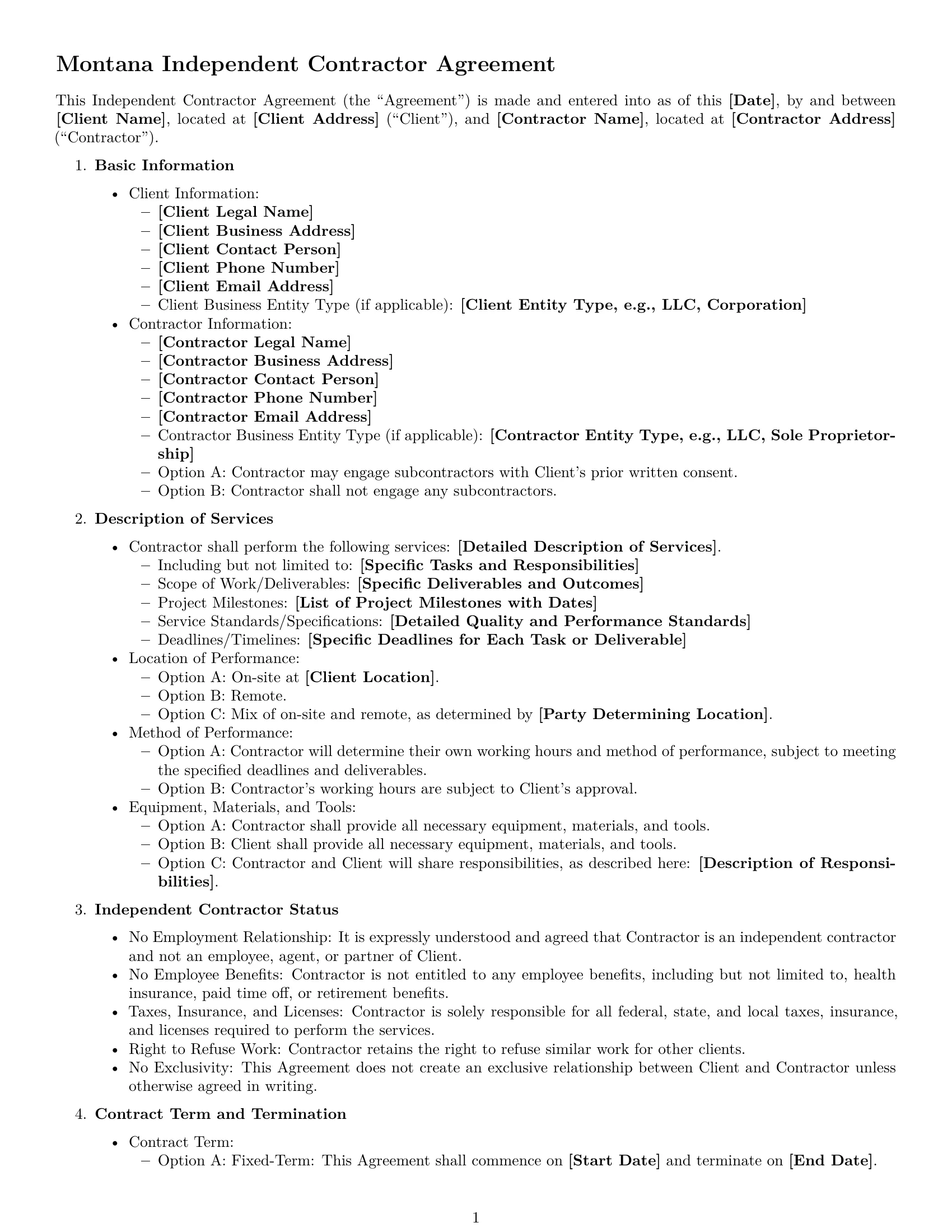 Preview page 1 of Free Montana independent contractor agreement template
