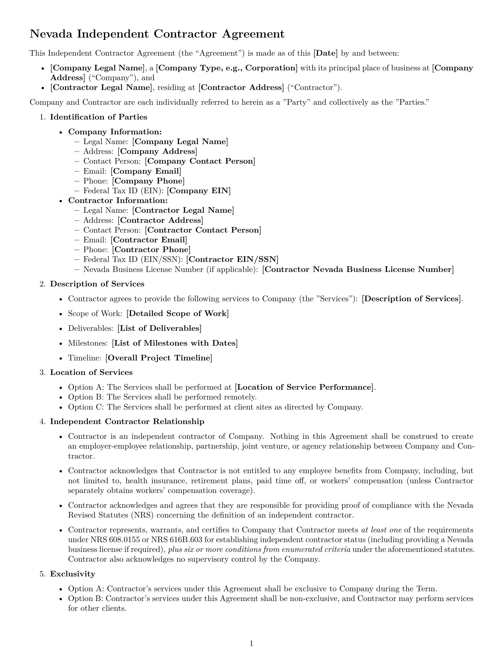 Preview page 1 of Free Nevada independent contractor agreement template