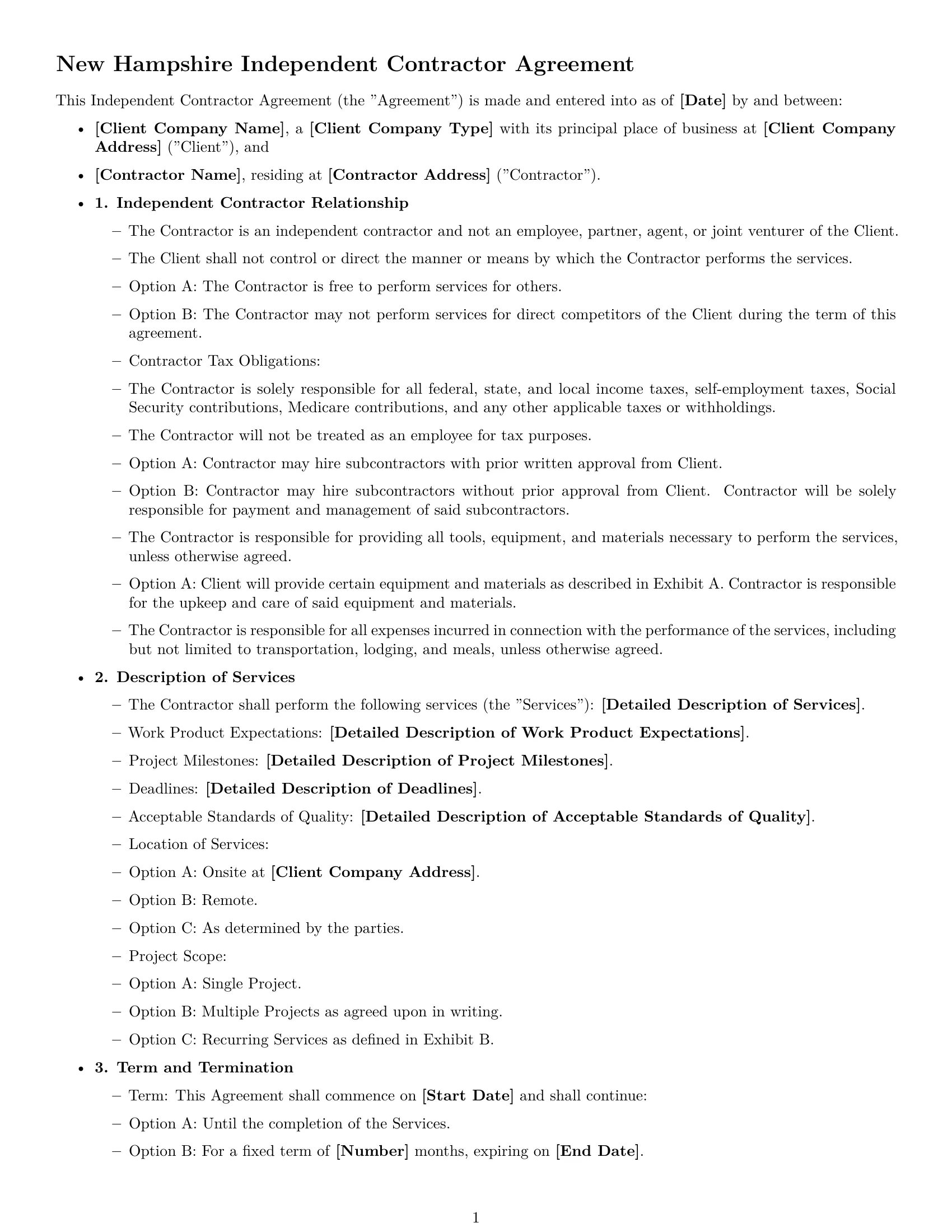 Preview page 1 of Free New Hampshire independent contractor agreement template