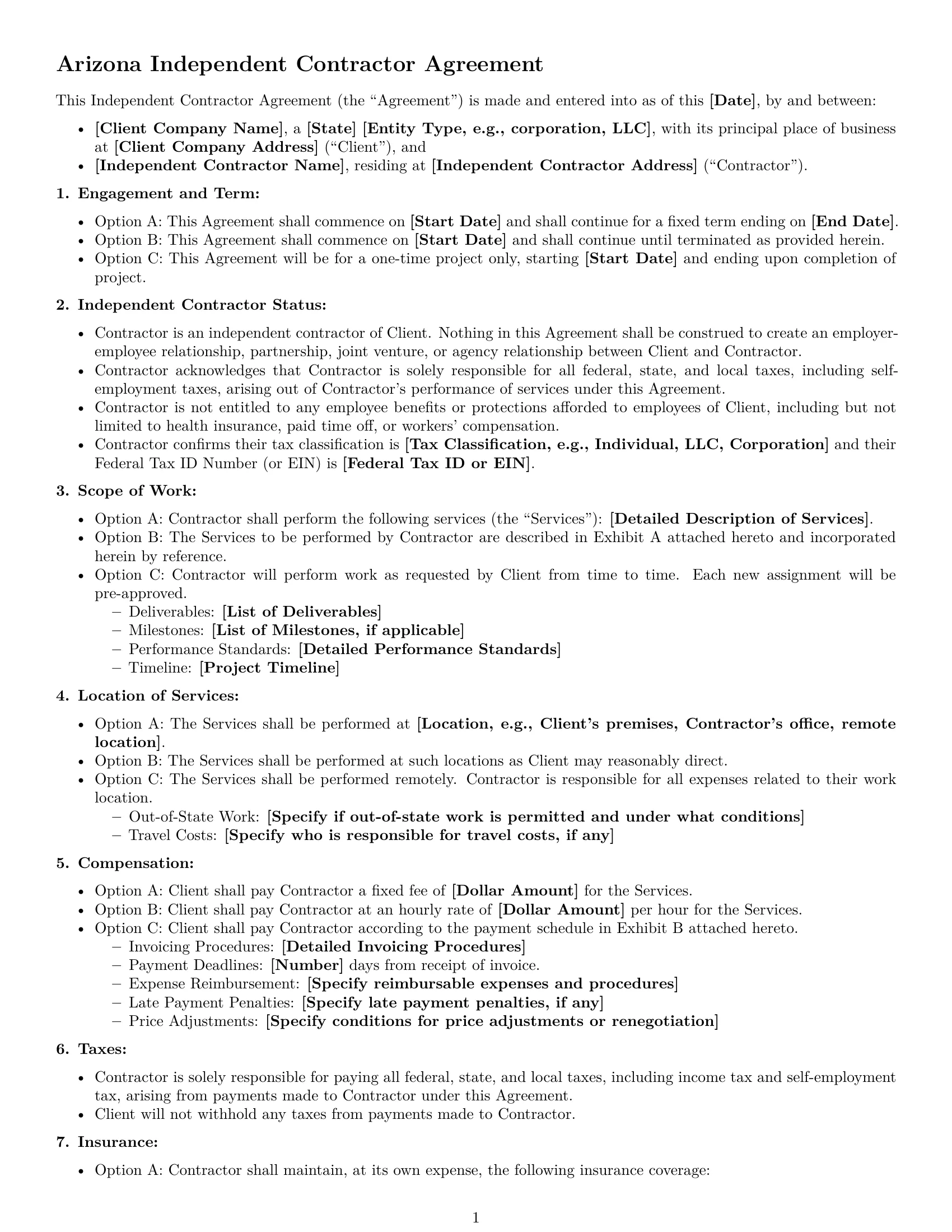 Preview page 1 of Free Arizona independent contractor agreement template