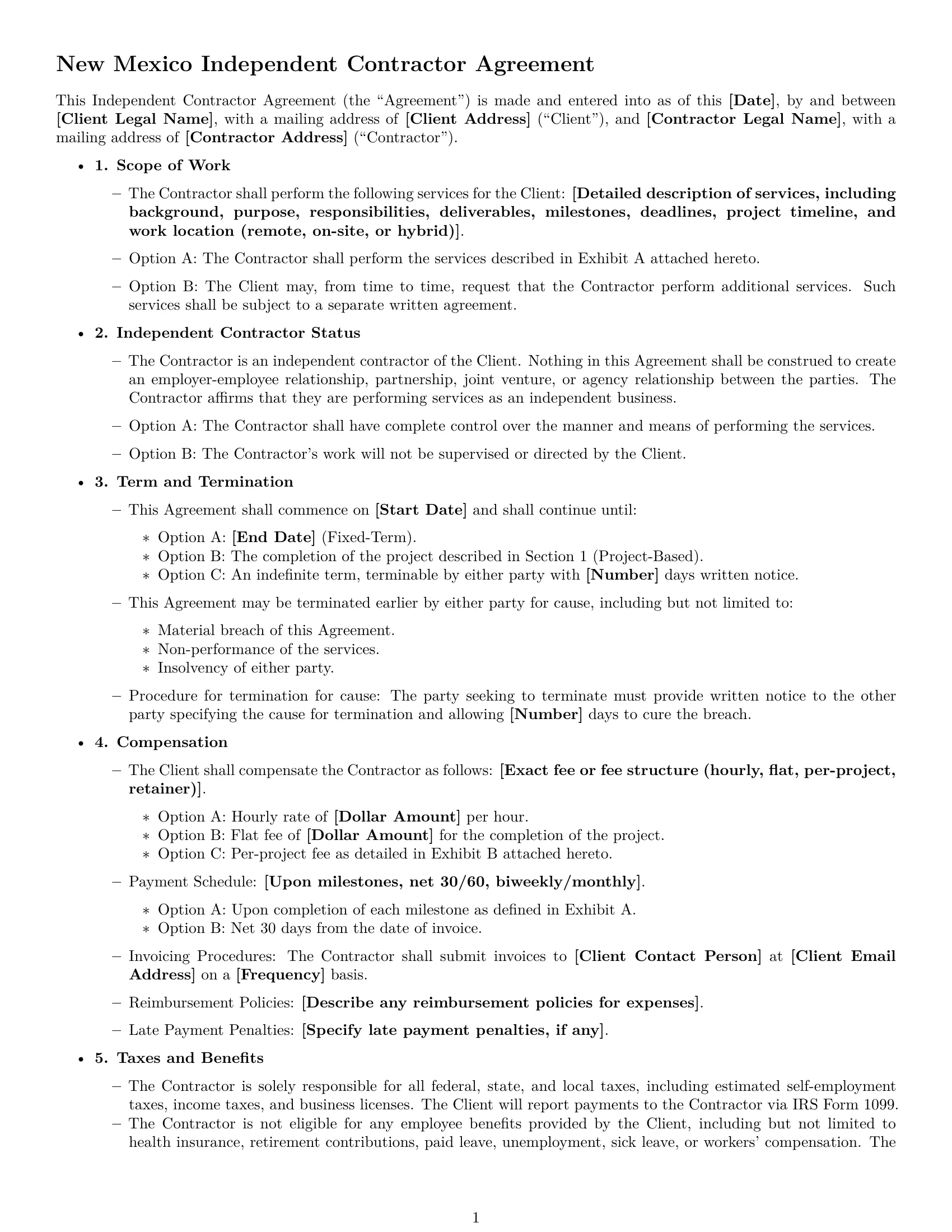 Preview page 1 of Free New Mexico independent contractor agreement template